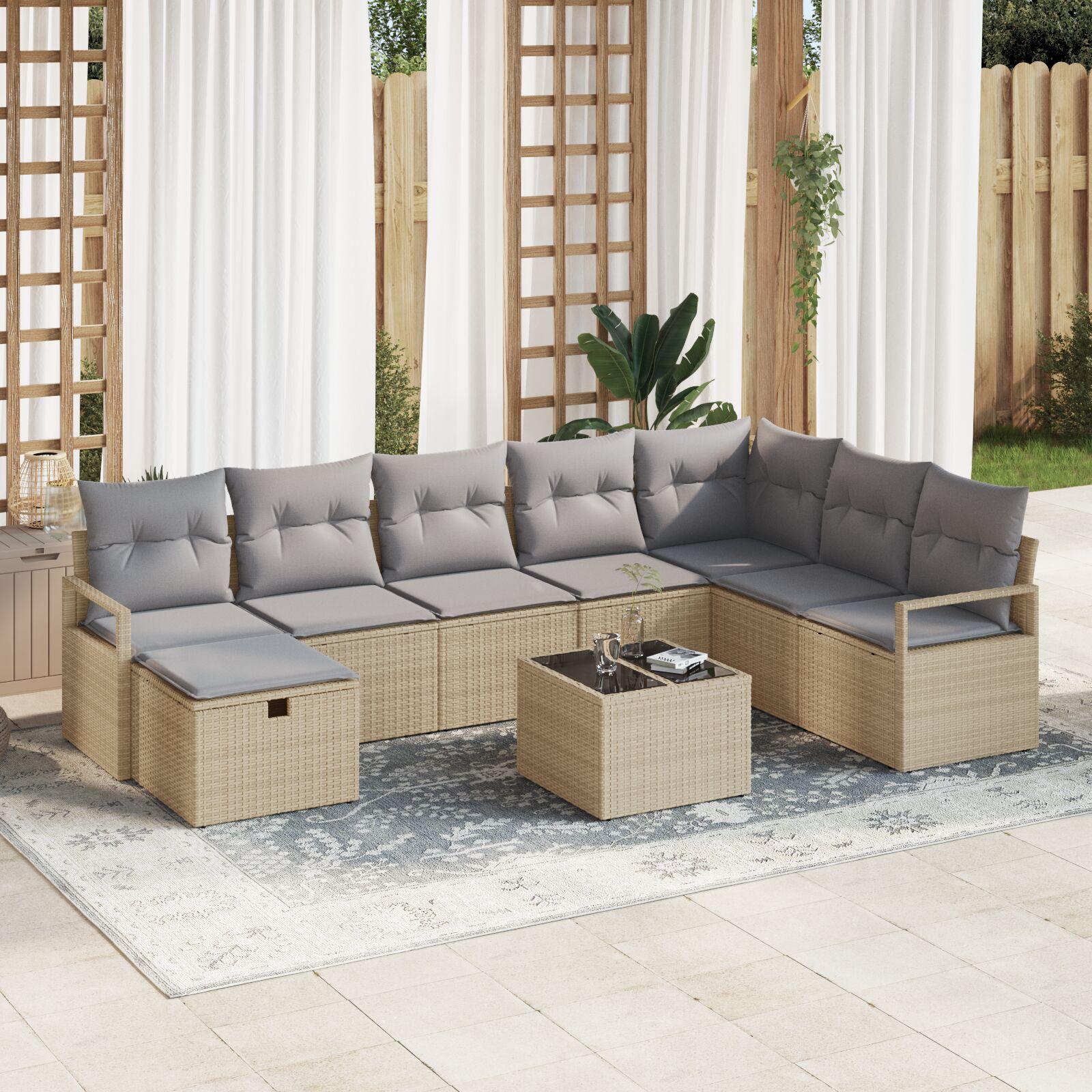 9 Deles Have Sofa Sæt med Puder Beige Poly Rattan,  2-personers Have Sofa med Puder Beige Poly Rattan