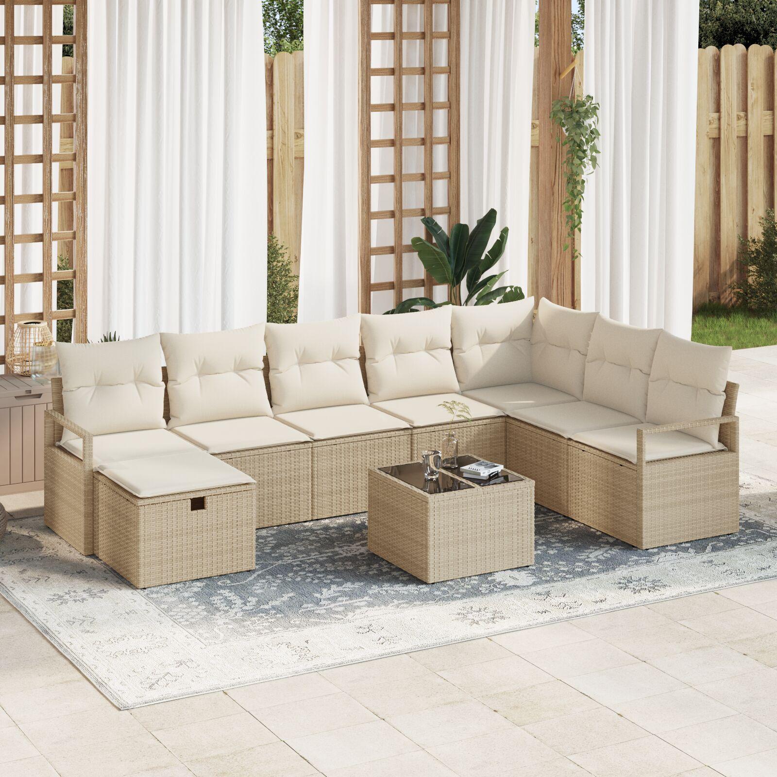 9-delt havemøbel sofa sæt med puder beige poly rattan,  2-personers havemøbel sofa med puder beige poly rattan