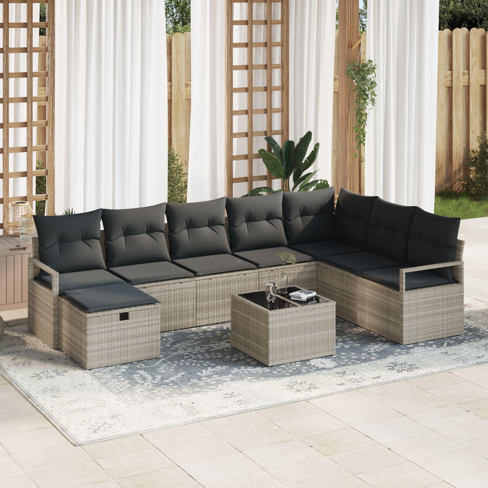 9 Piece Garden Sofa Set with Cushions Light Grey Poly Rattan,  2-Seater Garden Sofa with Cushions Grey Poly Rattan