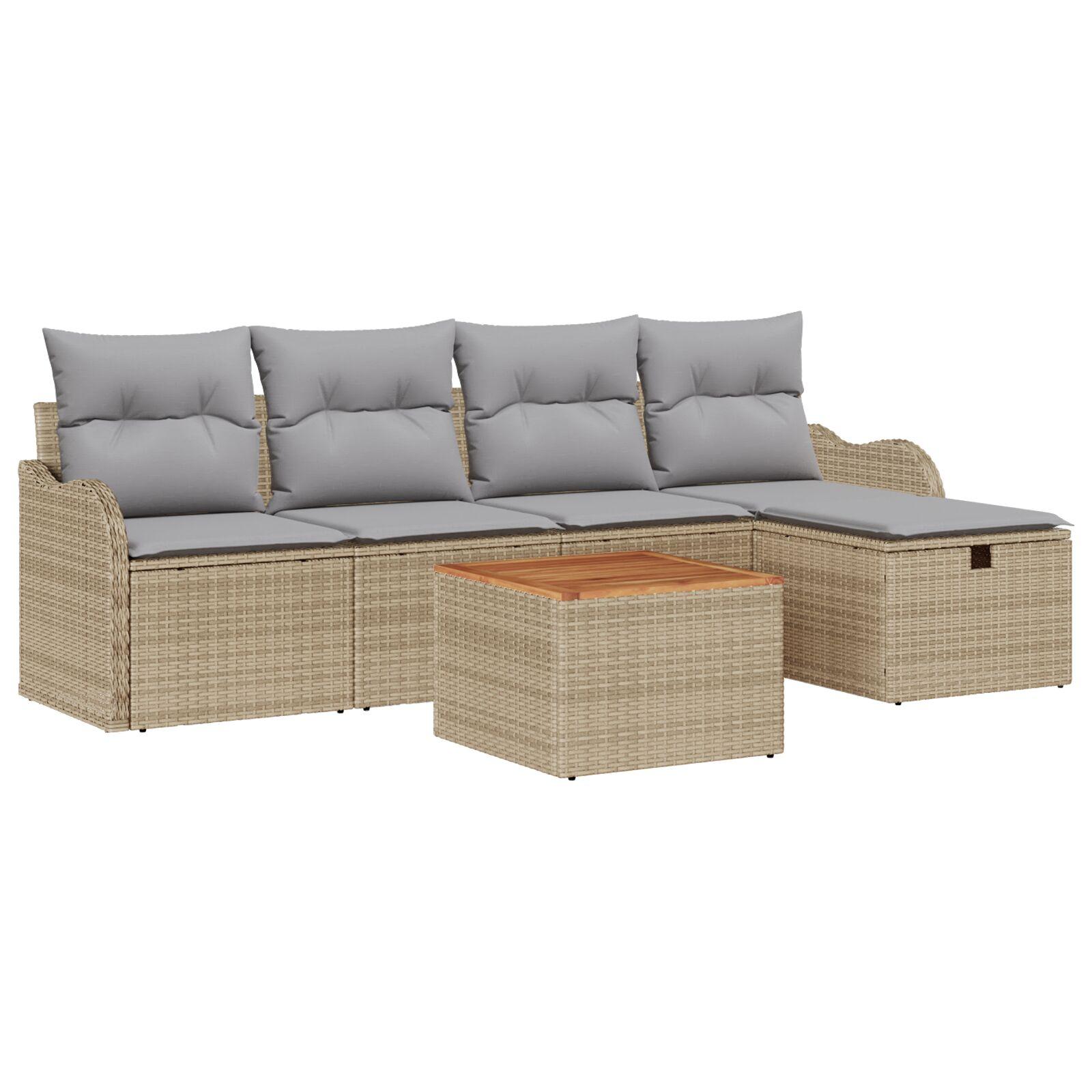 6 Stykker Havesofa Sæt med Puder Beige Poly Rattan,  2-Sæders Havesofa med Puder Beige Poly Rattan