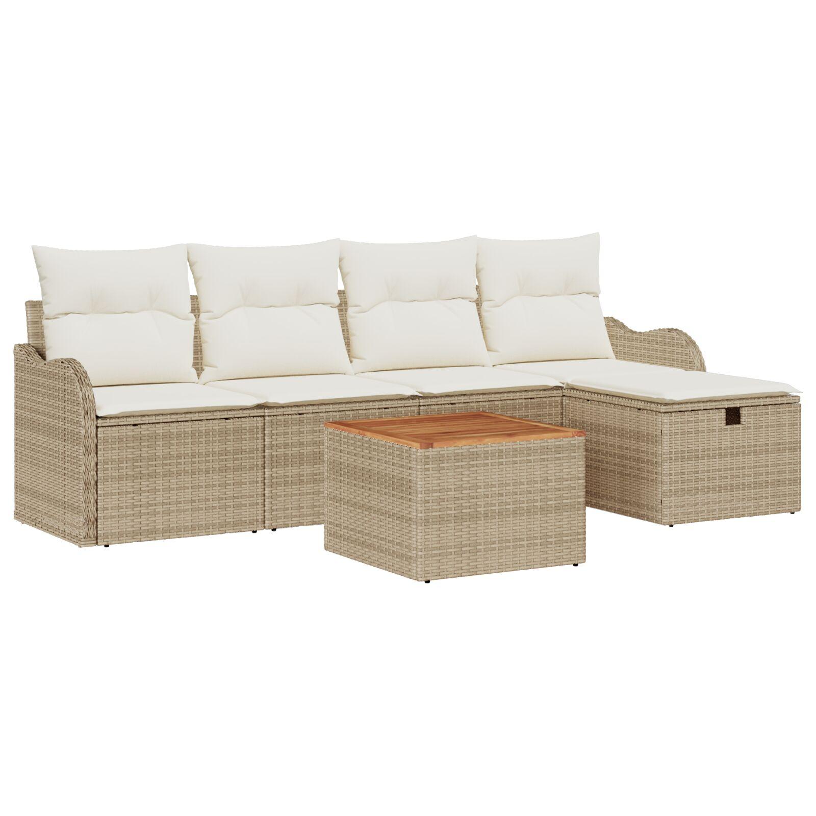 6 Stykker Havemøbel Sofa Sæt med Puder Beige Poly Rattan,  2-Personers Havemøbel Sofa med Puder Beige Poly Rattan