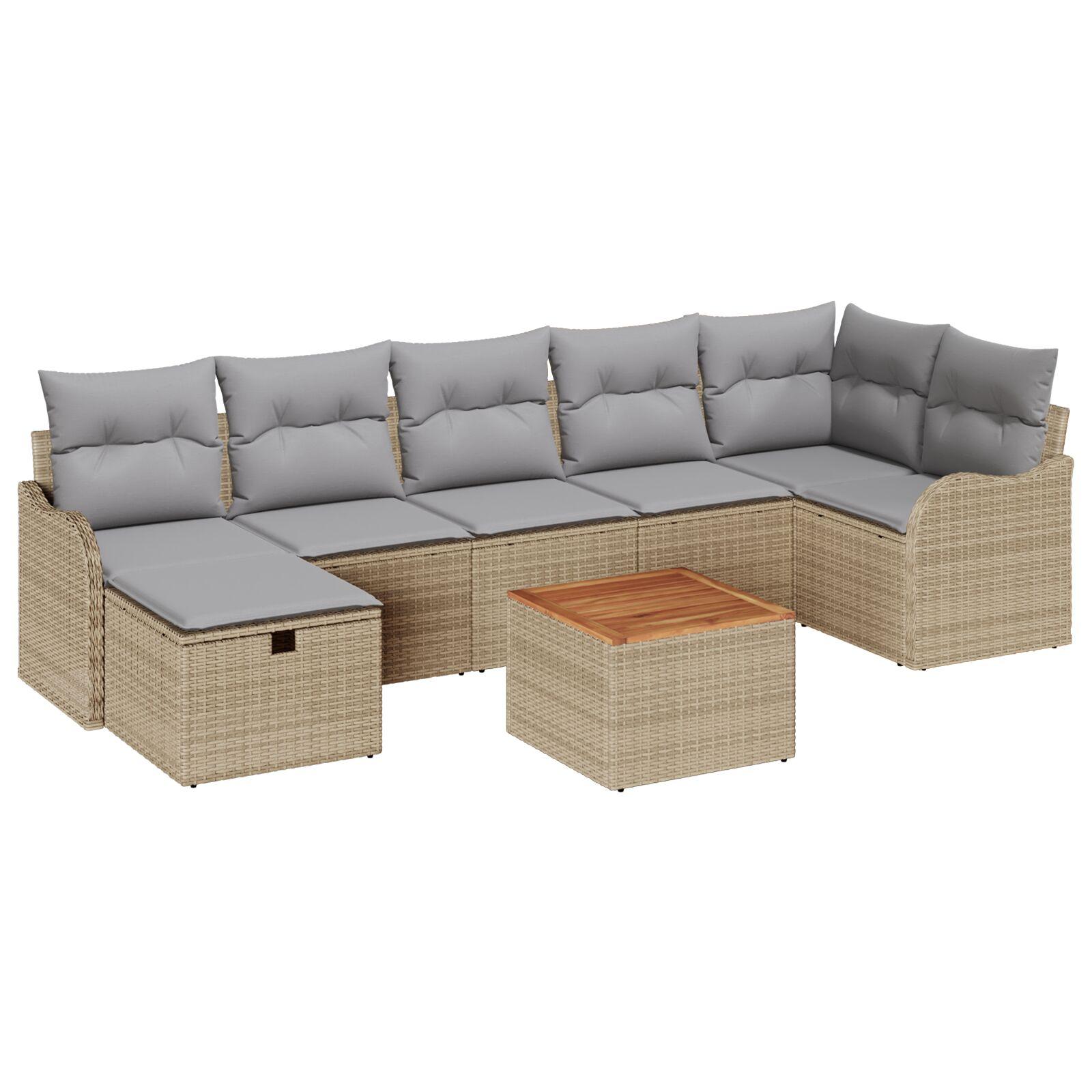 8 Stykker Have Sofa Sæt med Puder Beige Poly Rattan,  2-Sæders Have Sofa med Puder Beige Poly Rattan