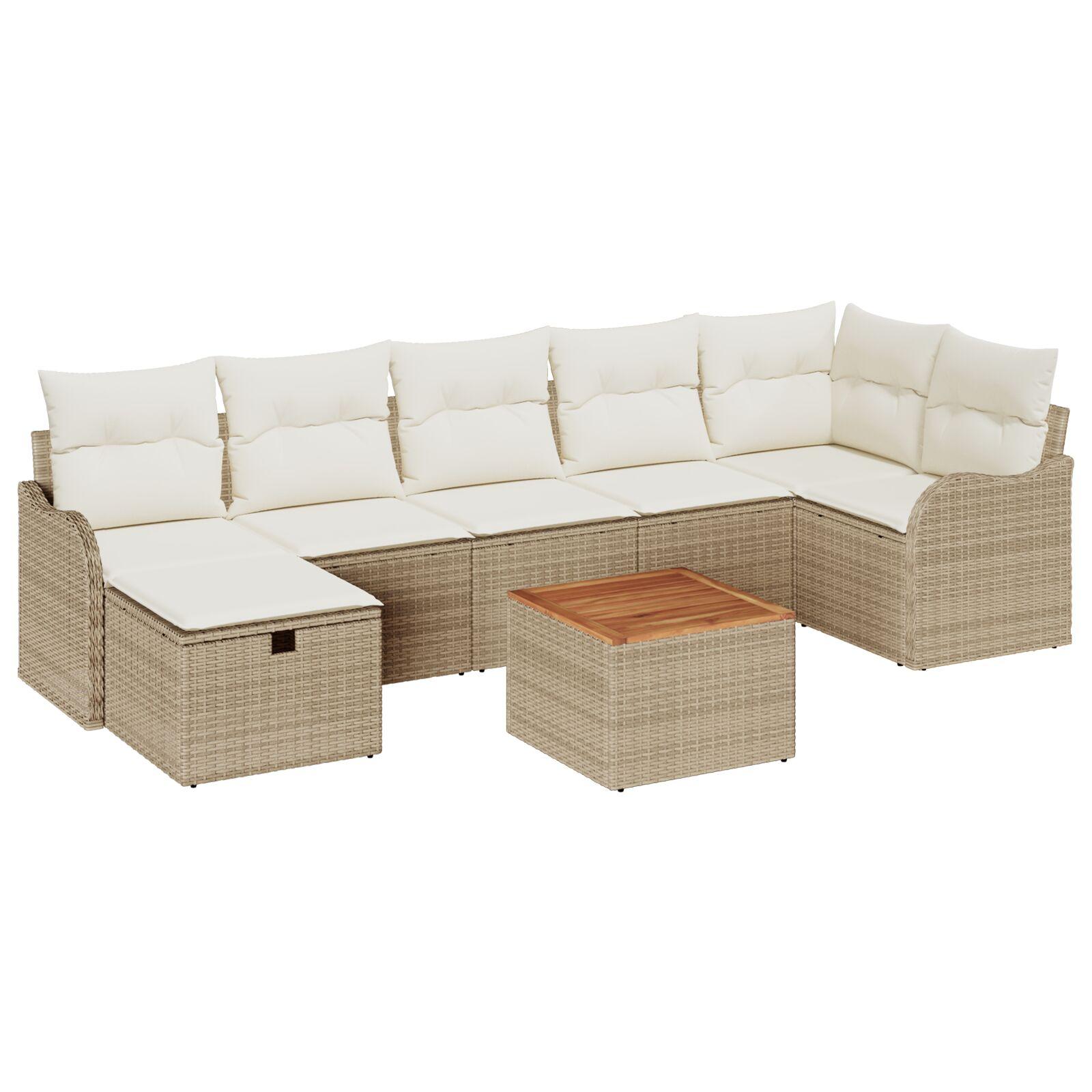 8 Stykker Havesofa Sæt med Puder Beige Poly Rattan,  2-personers Havesofa med Puder Beige Poly Rattan
