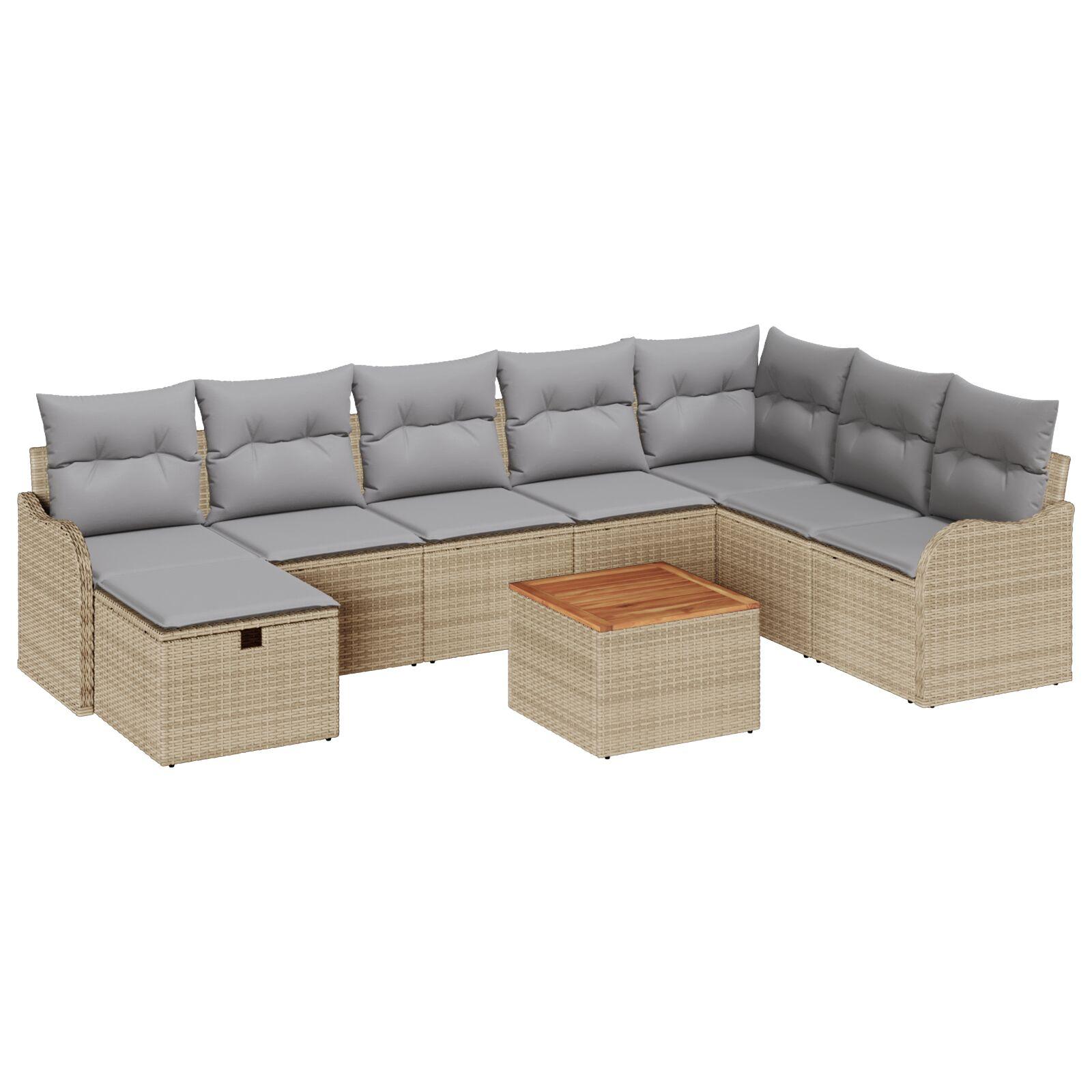 9-delt Have Sofa Sæt med Puder Beige Polyrattan,  2-sæders Have Sofa med Puder Beige Polyrattan
