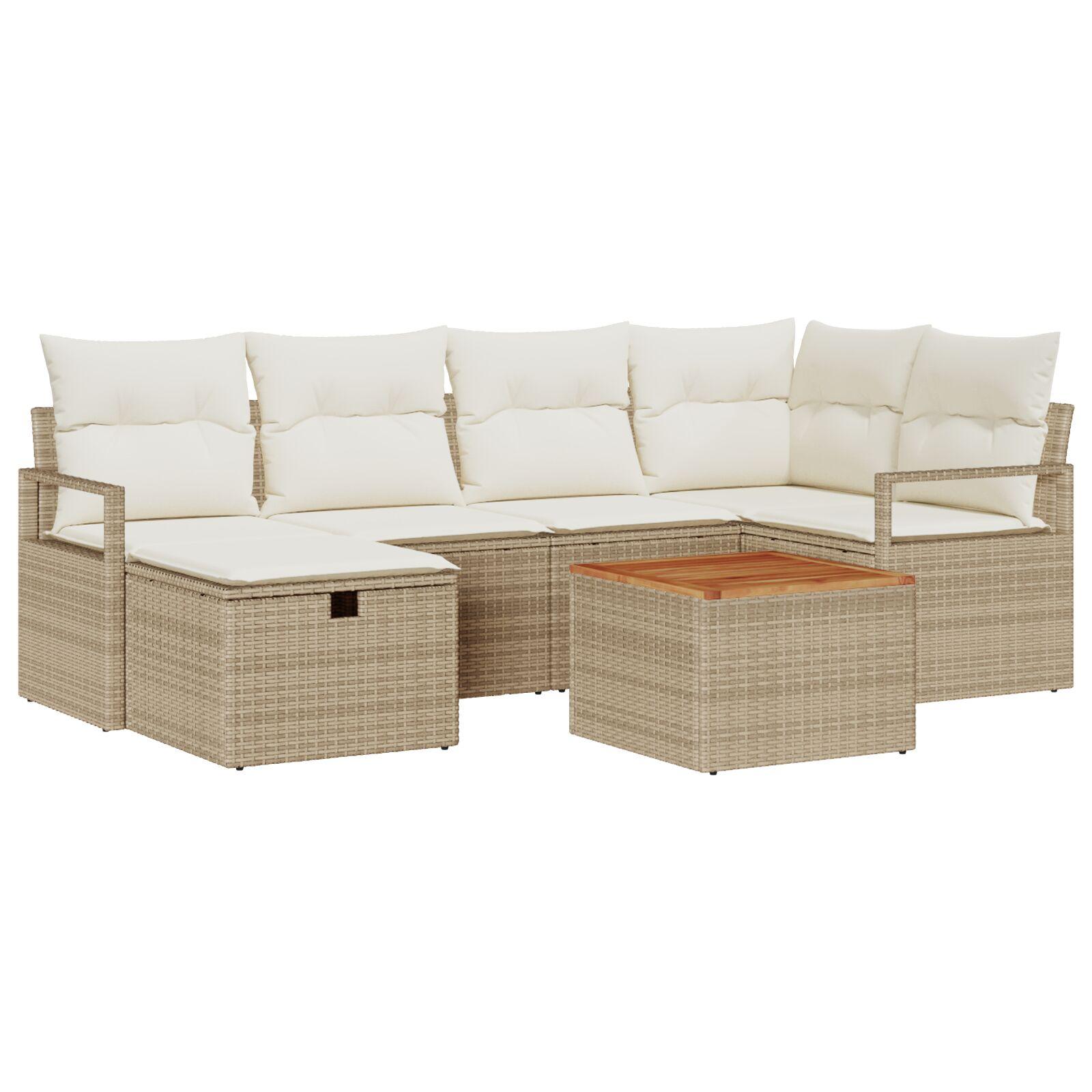 7 Stykke Have Sofa Sæt med Puder Beige Polyrattan,  2-Personers Have Sofa med Puder Beige Polyrattan