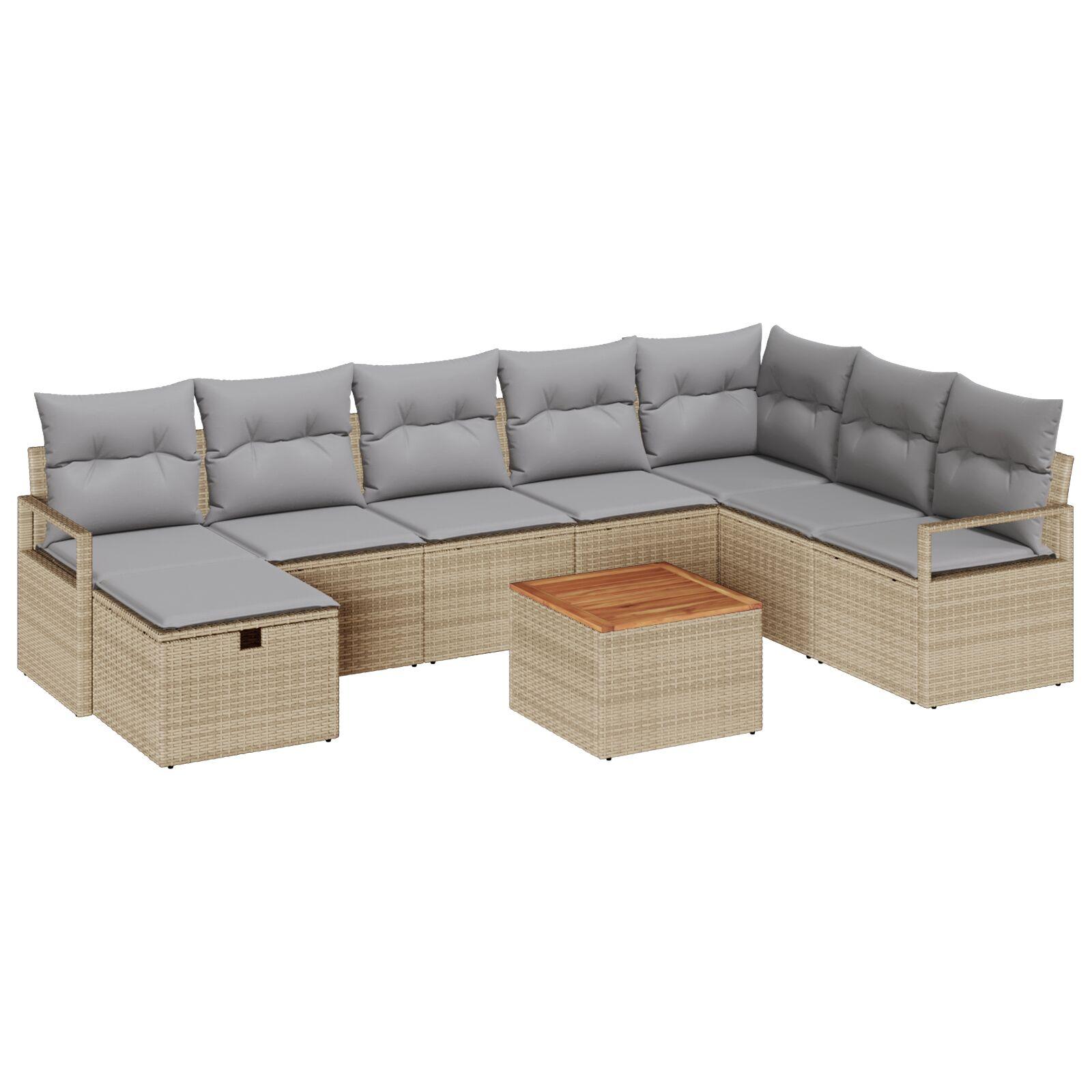 9-Piece Havesofa Sæt med Puder Beige Poly Rattan,  2-personers Havesofa med Puder Beige Poly Rattan