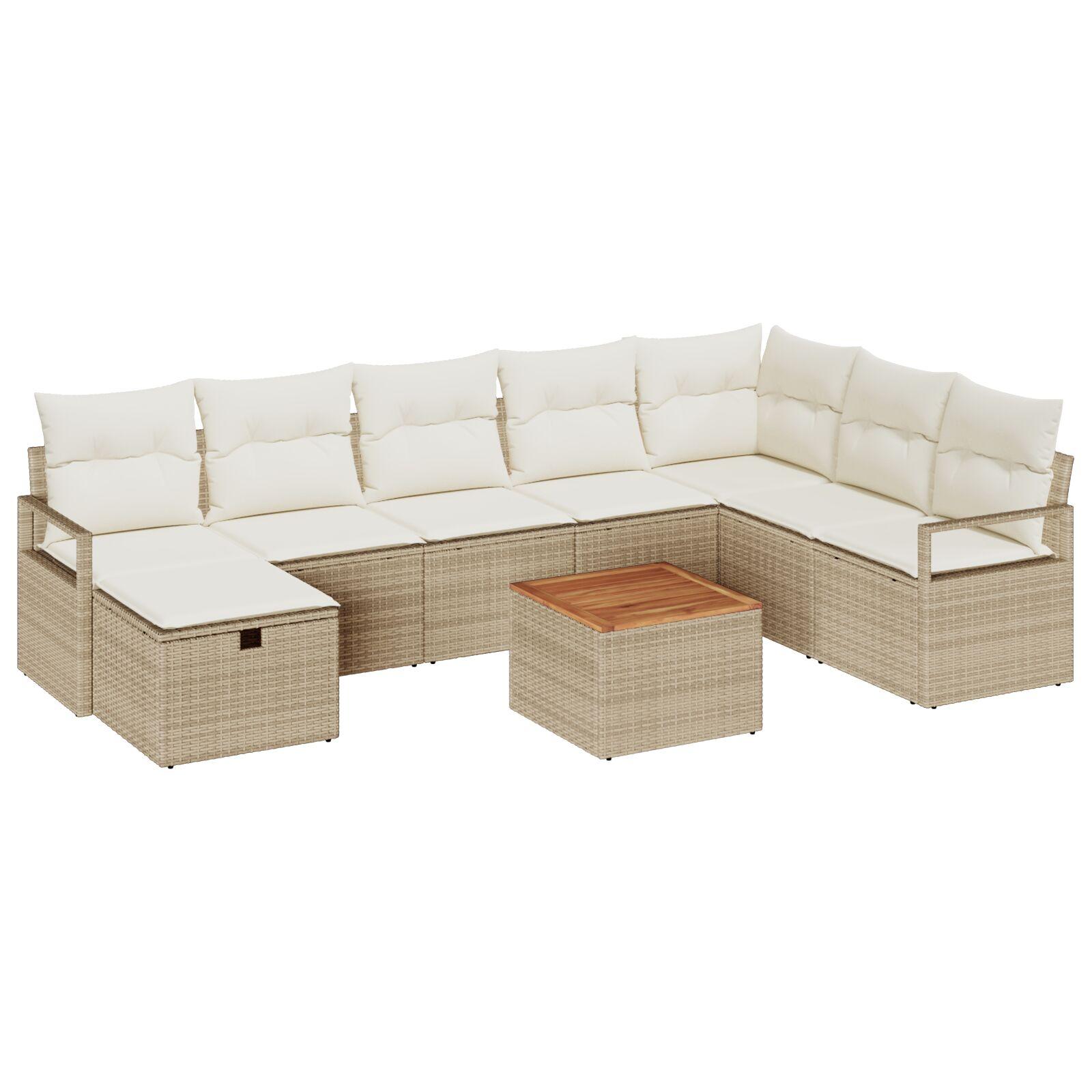 9 Piece Havemøbel Sæt med Hynder Beige Poly Rattan,  2-personers Havemøbel med Hynder Beige Poly Rattan