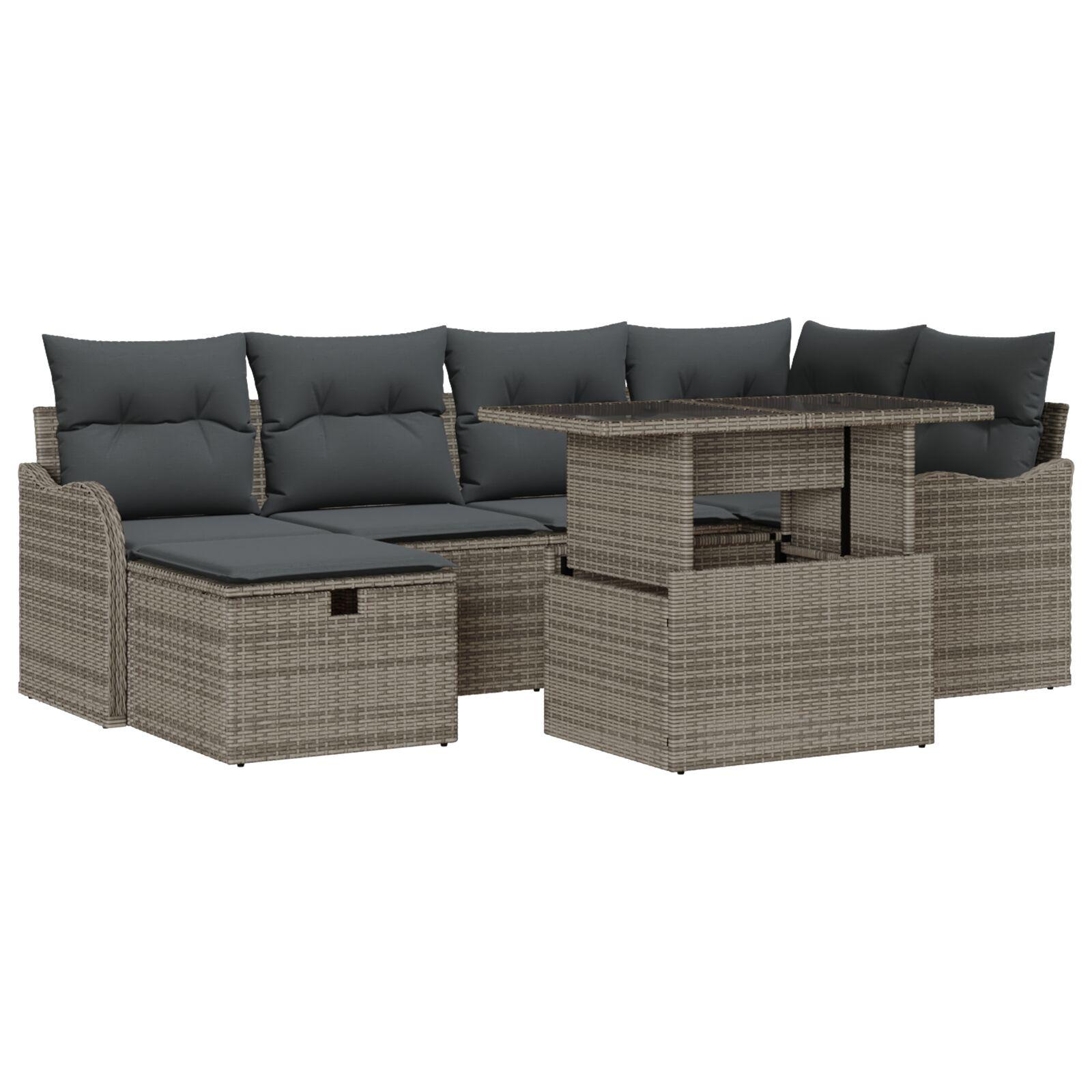 7 Stykke Have Sofa Sæt med Puder Grå Poly Rattan, 2-Sæders Have Sofa med Puder Grå Poly Rattan