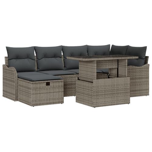 7 Stykke Have Sofa Sæt med Puder Grå Poly Rattan, 2-Sæders Have Sofa med Puder Grå Poly Rattan