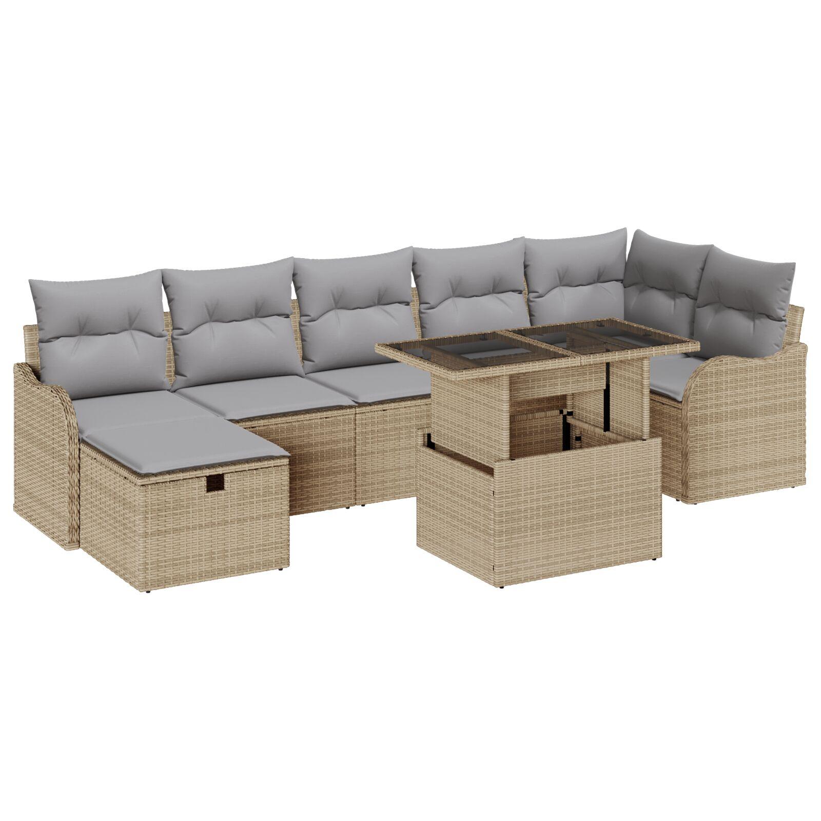 8 Delers Have Sofa Sæt med Puder Beige Poly Rattan,  2-personers Have Sofa med Puder Beige Poly Rattan
