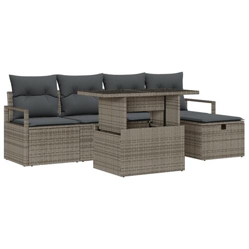 6-Delt Have Sofa Sæt med Puder Grå Poly Rattan, 2-Sæders Have Sofa med Puder Grå Poly Rattan