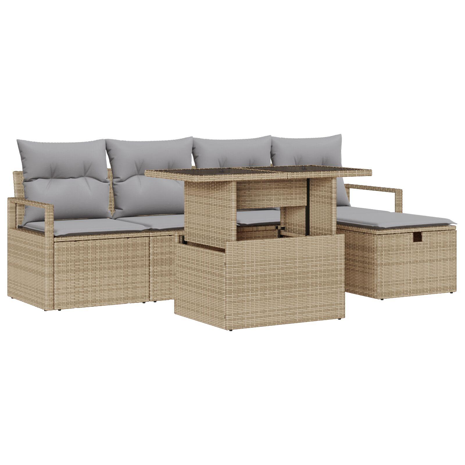 6 Delte Have Sofa Sæt med Puder Beige Poly Rattan,  2-Sæders Have Sofa med Puder Beige Poly Rattan