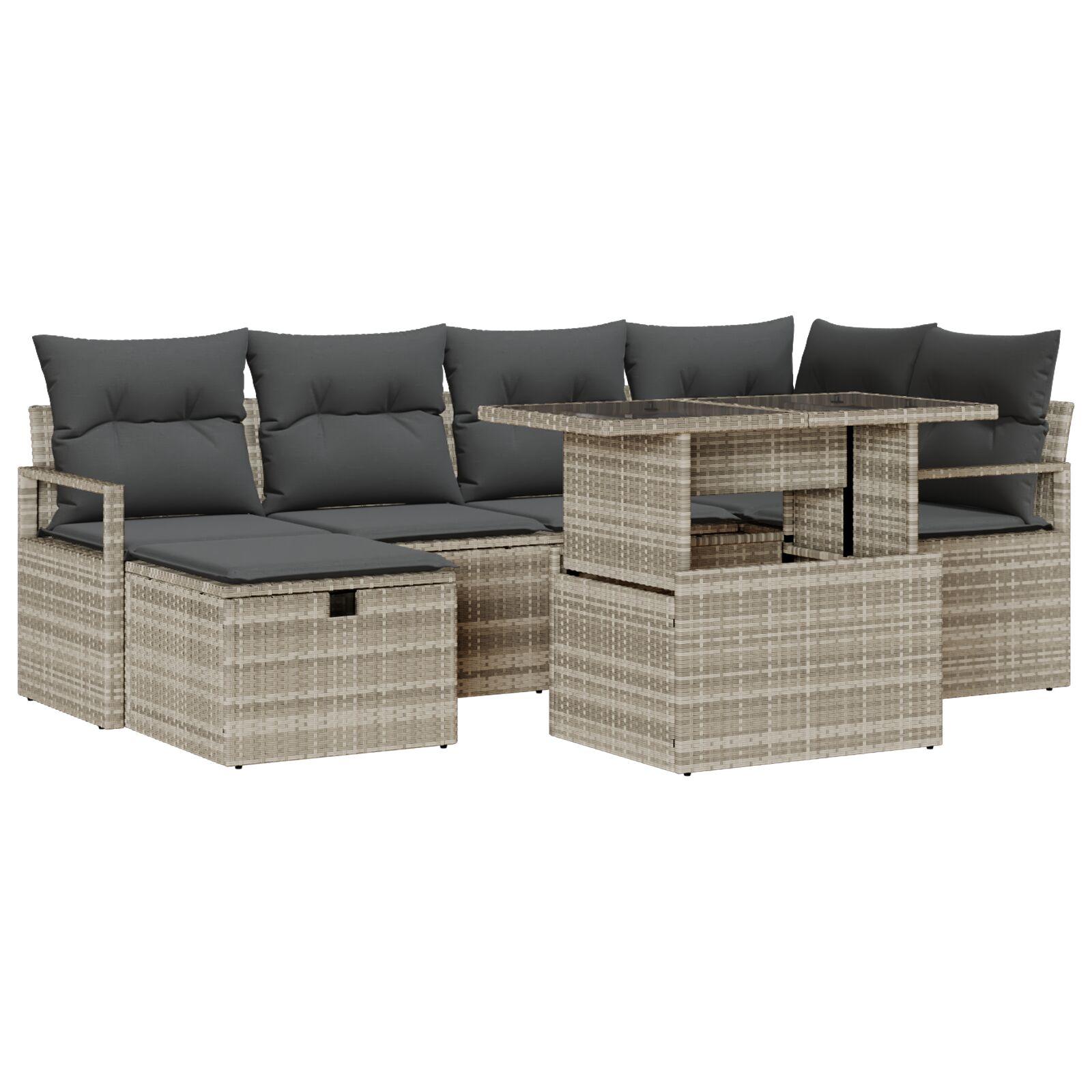 7 Styk Have Sofa Sæt med Puder Lysegrå Poly Rattan, 2-Sæders Have Sofa med Puder Grå Poly Rattan