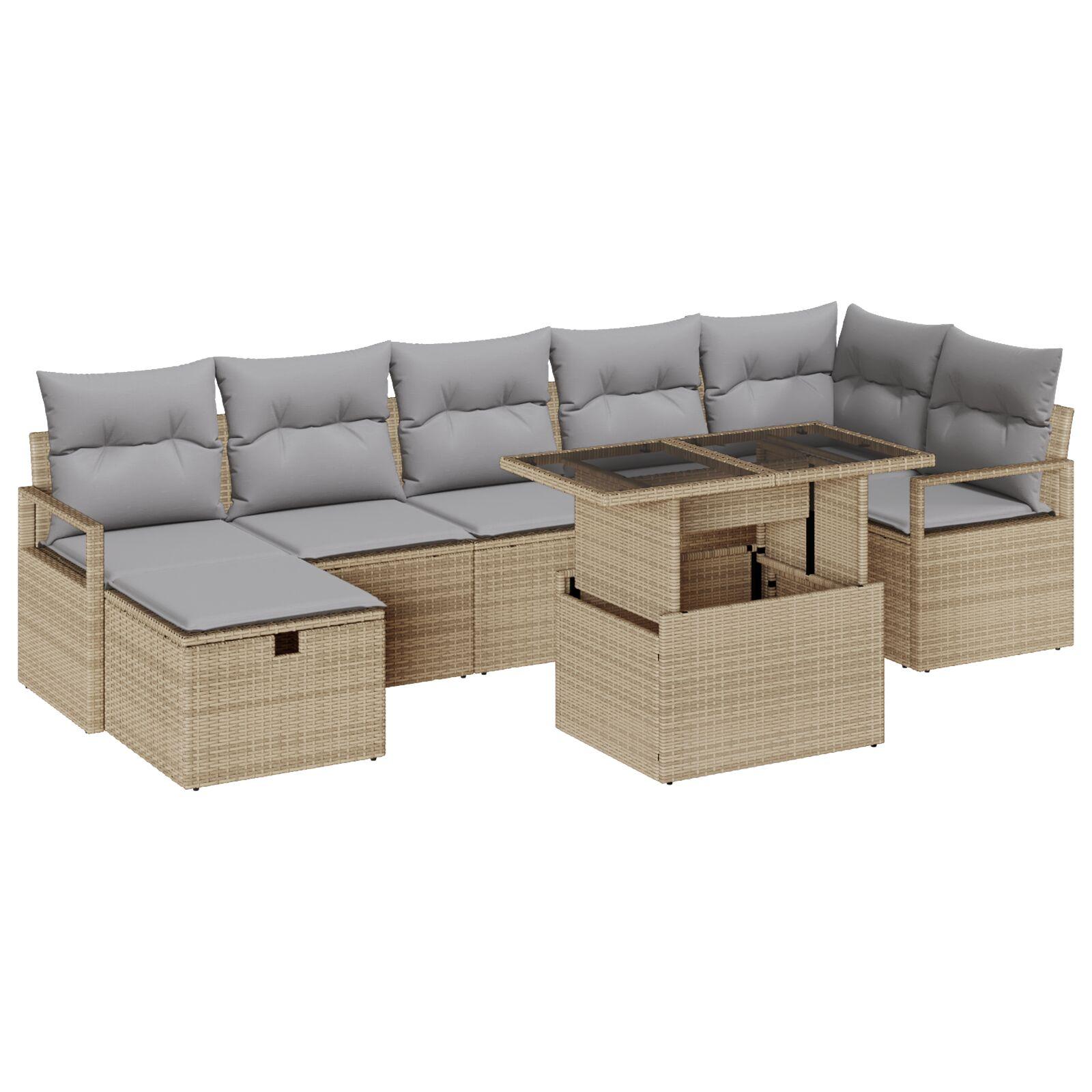 8 Deles Havemøbel Sofa Sæt med Puder Beige Poly Rattan,  2-personers Havemøbel Sofa med Puder Beige Poly Rattan