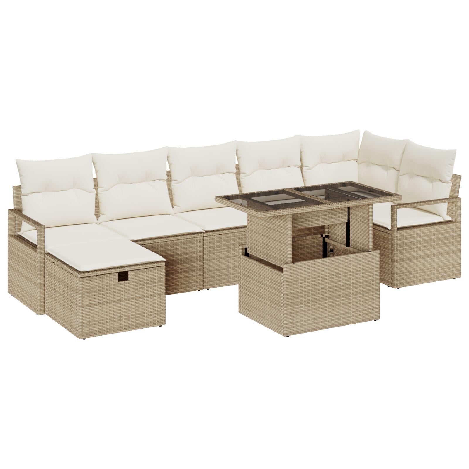 8 Personers Have Sofa Sæt med Puder Beige Poly Rattan,  2-personers Have Sofa med Puder Beige Poly Rattan
