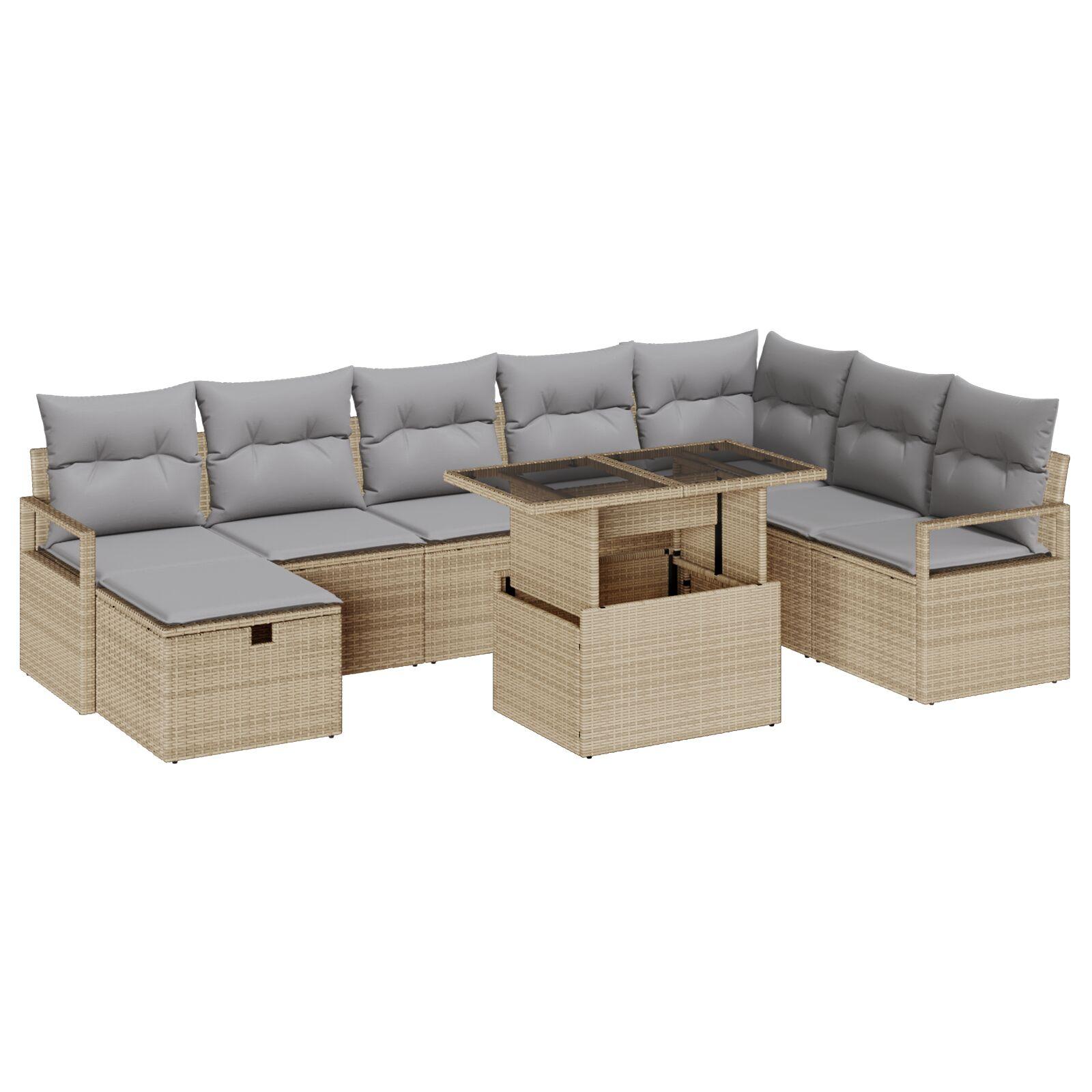 9-delte have-sofa sæt med puder Beige Polyrattan,  2-personers have-sofa med puder Beige Polyrattan