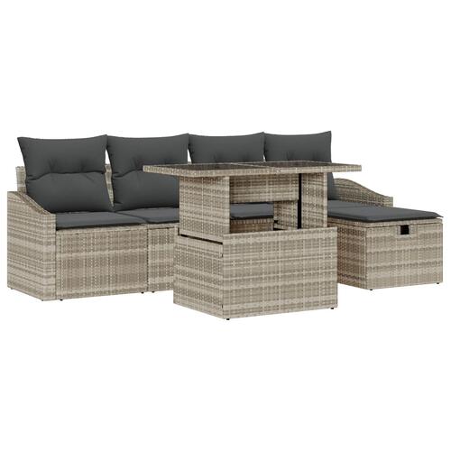 6 dele havesofa sæt med puder lyse grå poly rattan