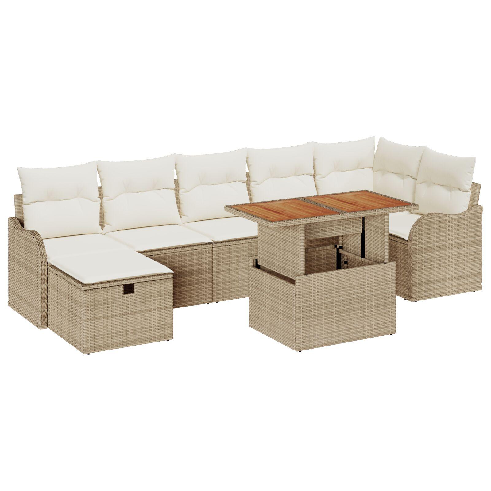 8 Stykker Havesofa Sæt med Puder Beige Poly Rattan,  2-Personers Havesofa med Puder Beige Poly Rattan