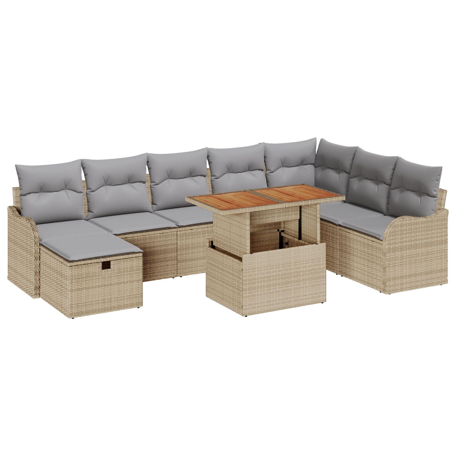 9-Pieces Havemøbel Sæt med Puder Beige Poly Rattan,  2-Personers Havemøbel Sofa med Puder Beige Poly Rattan