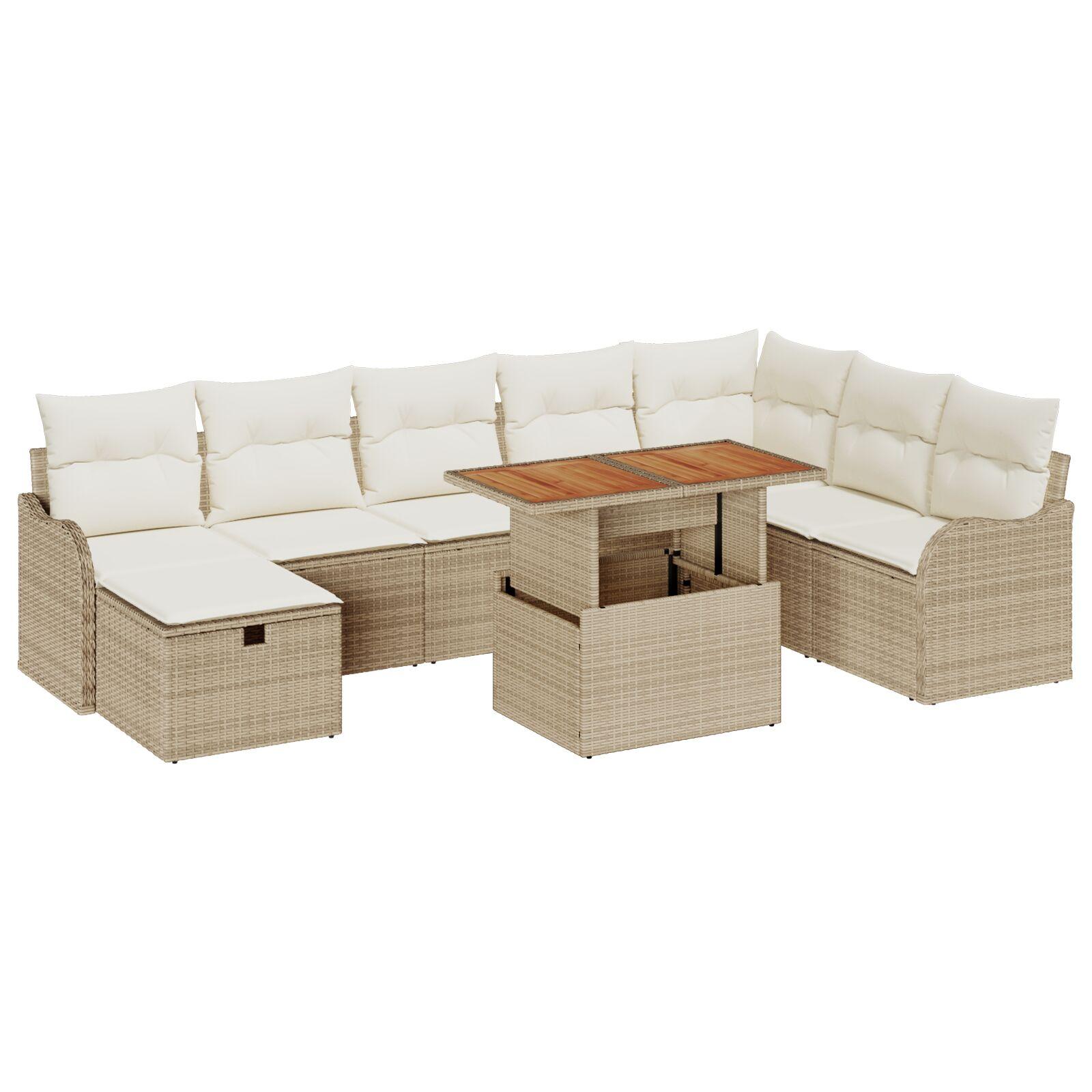 9-Personers Havemøbel Sæt med Puder Beige Poly Rattan,  2-Personers Havemøbel Sofa med Puder Beige Poly Rattan