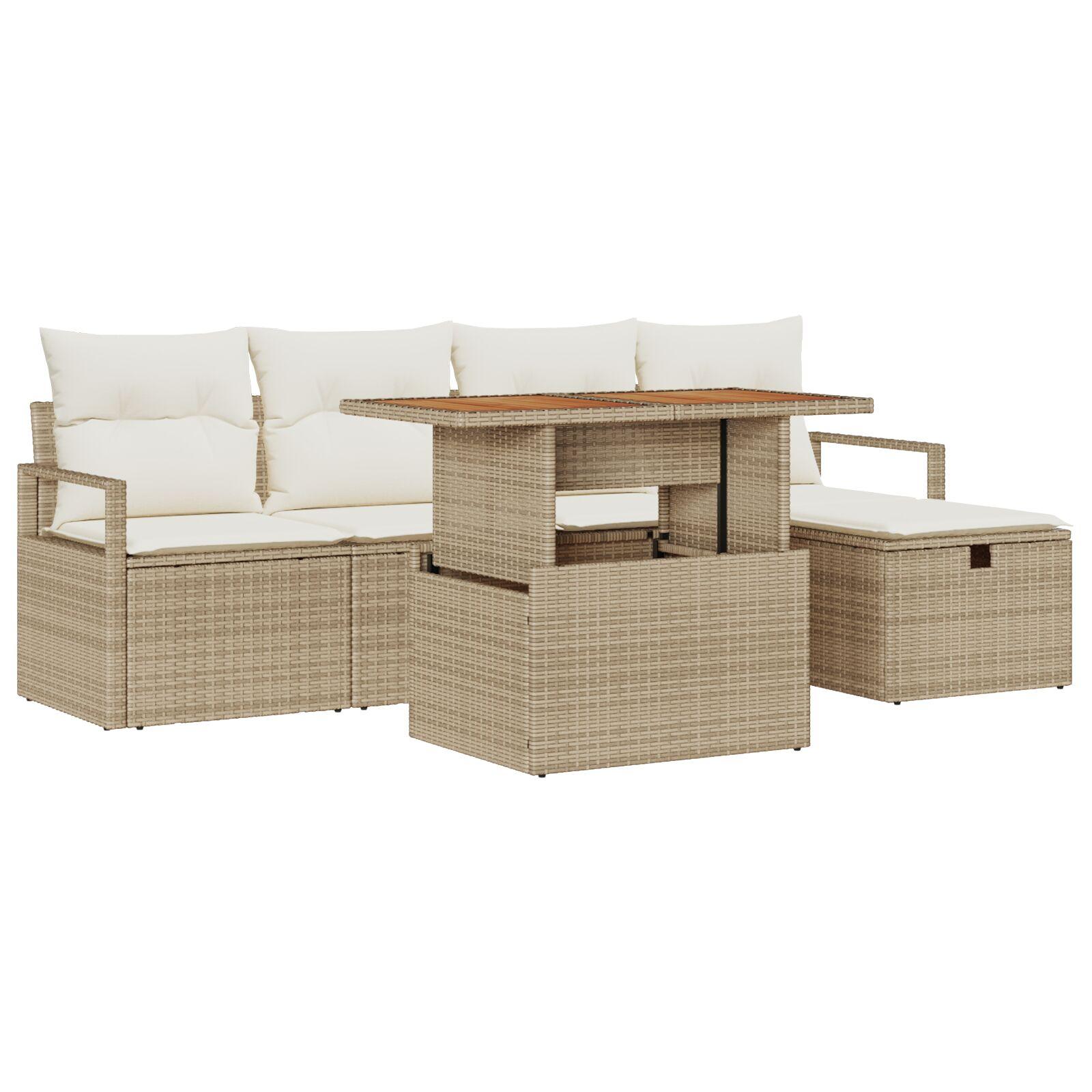 6 Stk Have Sofa Sæt med Puder Beige Poly Rattan,  2-Personers Have Sofa med Puder Beige Poly Rattan