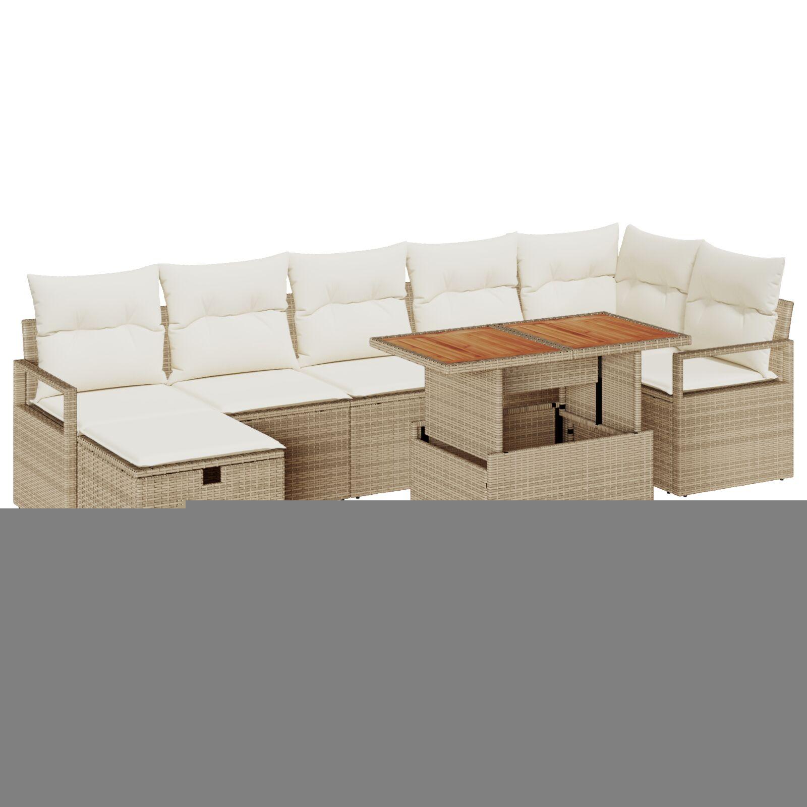 8-delt Havesofa Sæt med Puder Beige Poly Rattan,  2-personers Havesofa med Puder Beige Poly Rattan