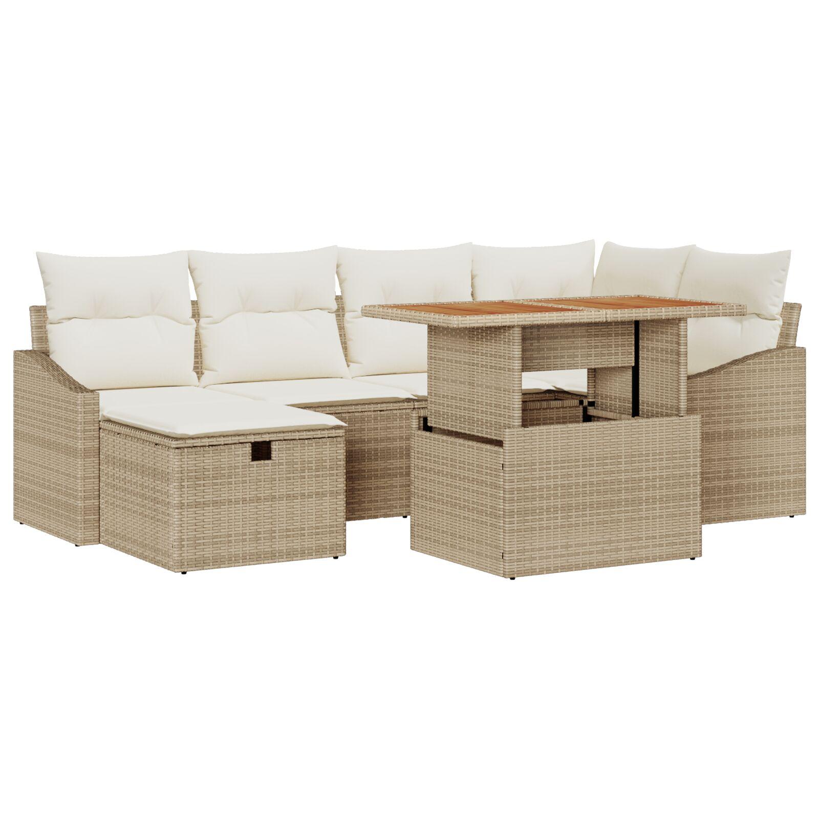 7 dele havesofa sæt med puder beige poly rattan