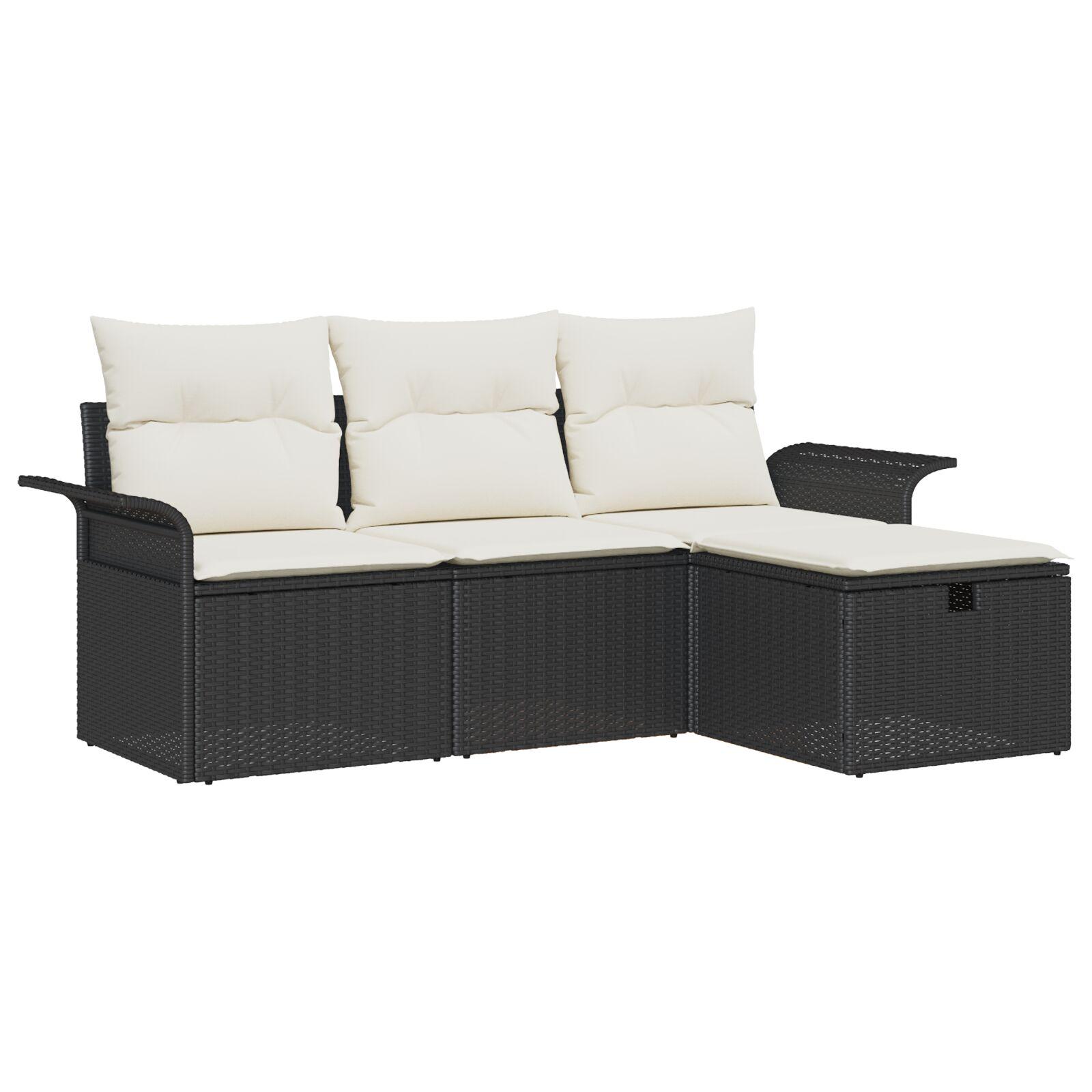 4 Deles Havesofa Sæt med Puder Sort Poly Rattan,  2-Personers Havesofa med Opbevaring & Puder Sort Poly Rattan