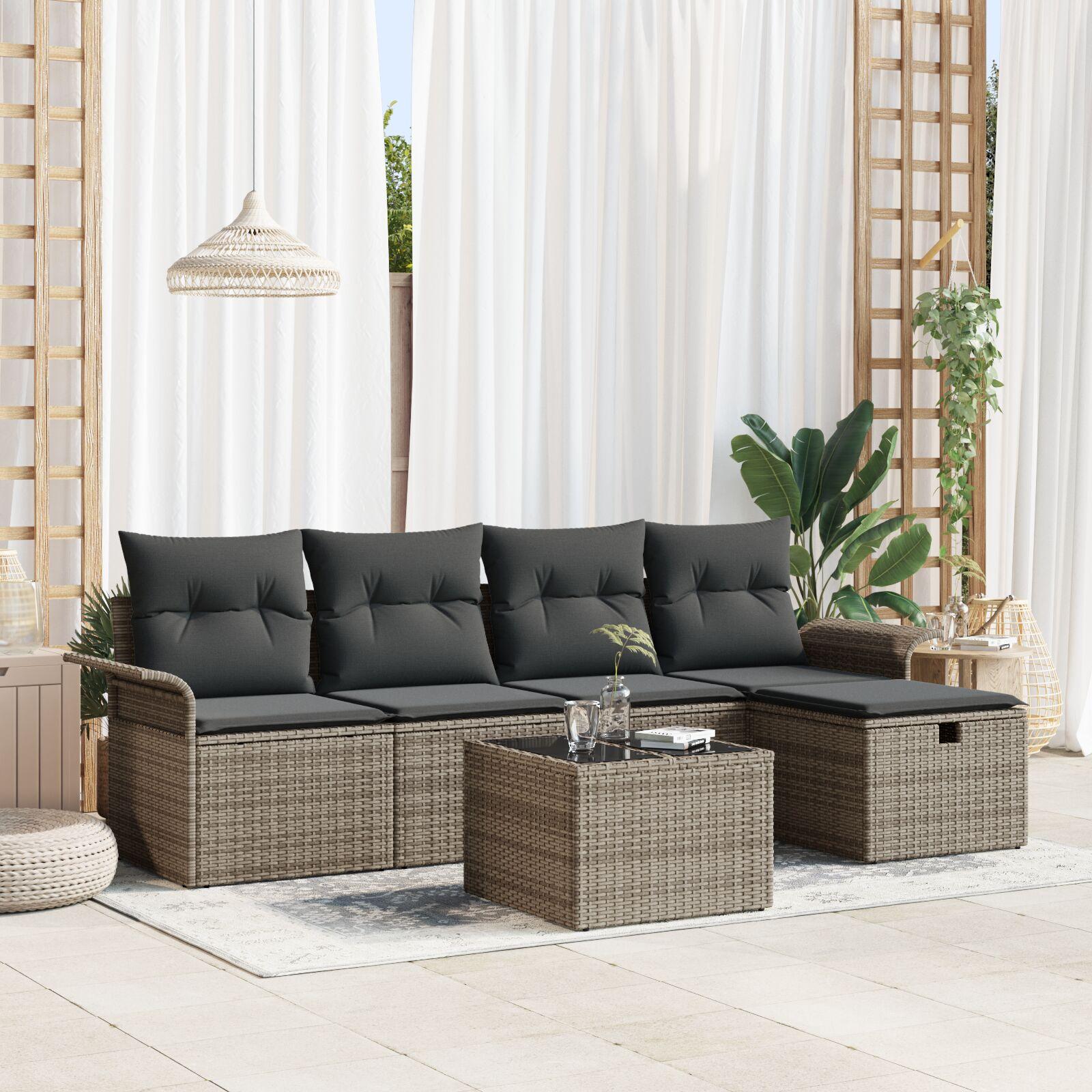 6 Deles Have Sofa Sæt med Puder Grå Poly Rattan, 2-Sæders Have Sofa med Opbevaring & Puder Grå Poly Rattan