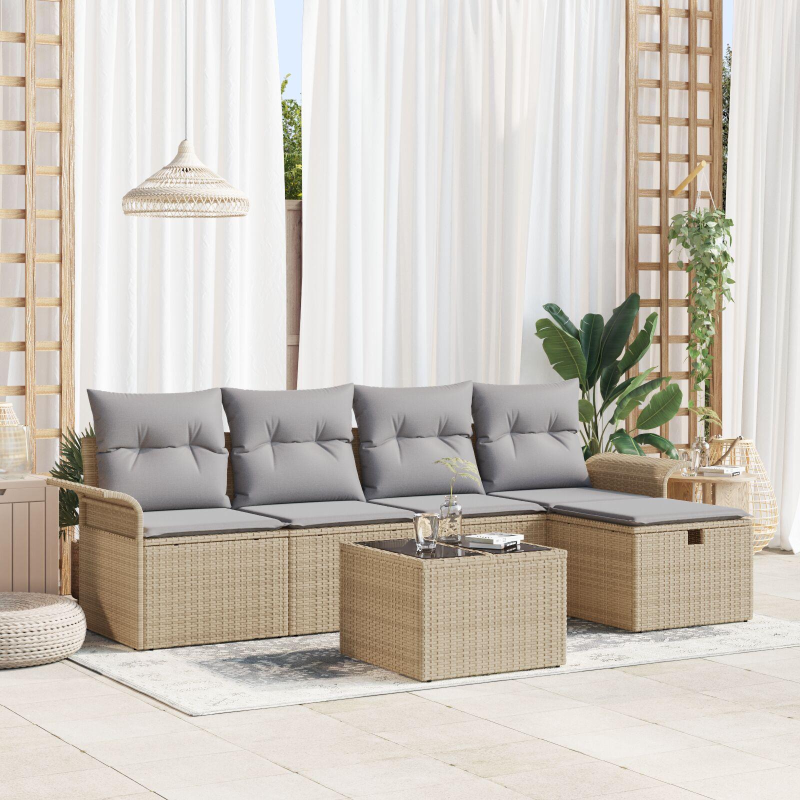 Havesofa Sæt med pude med opbevaring 6 stk Beige Poly rattan billede