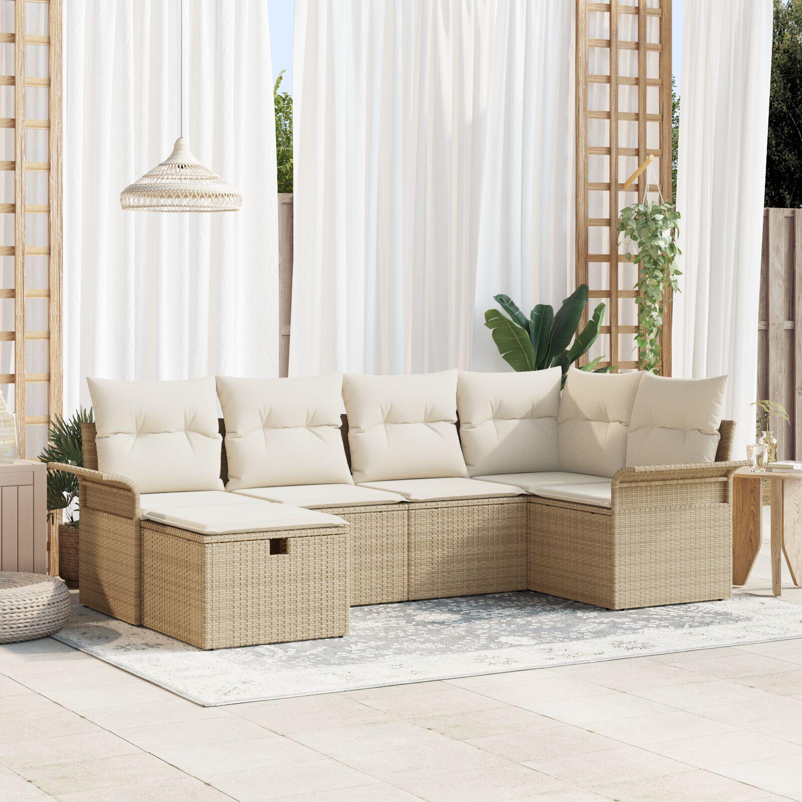 6 Delers Have Sofa Sæt med Puder Beige Poly Rattan,  2-personers Have Sofa med Opbevaring & Puder Beige Poly Rattan