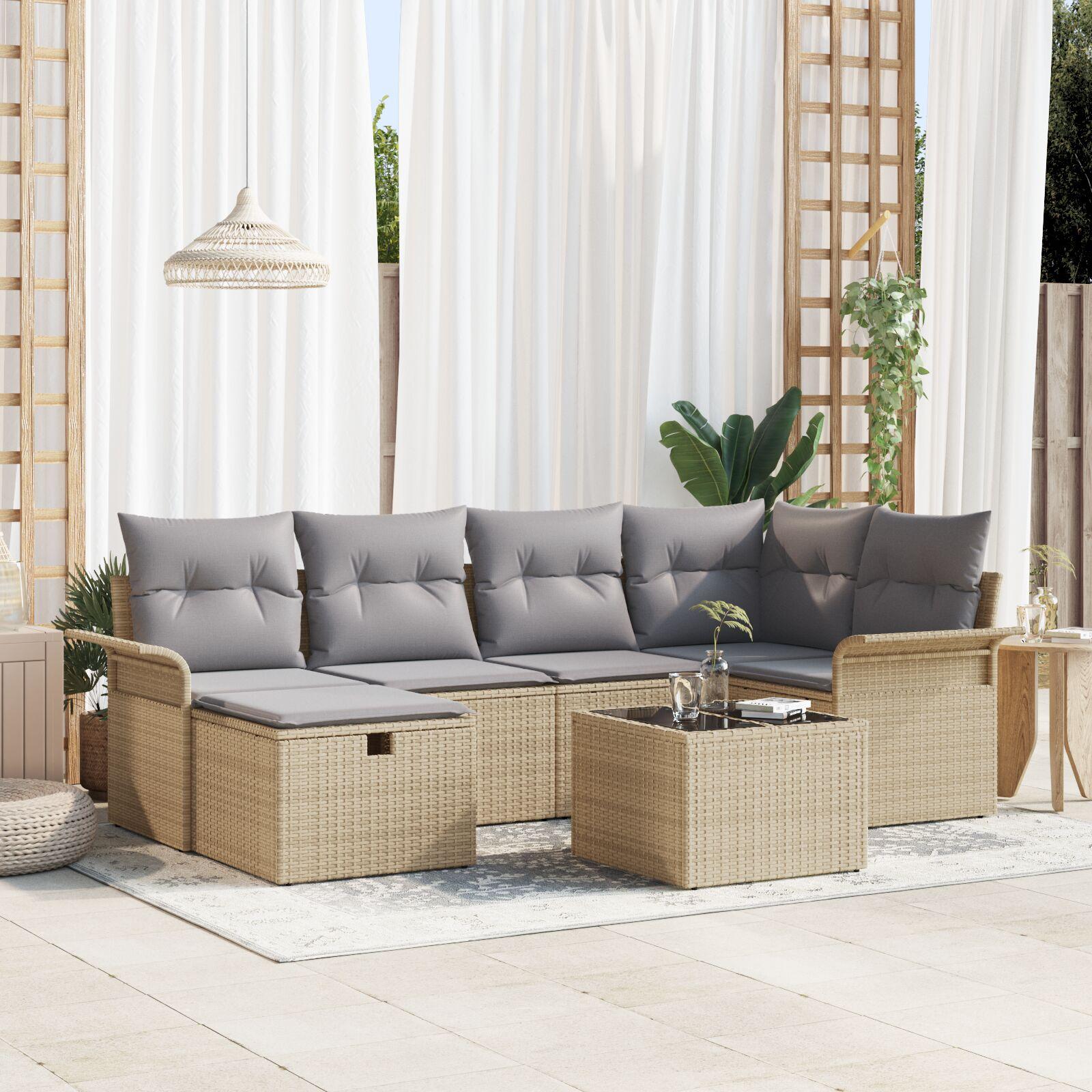 7 Piece Have Sofa Sæt med Puder Beige Poly Rattan,  2-personers Have Sofa med Opbevaring & Puder Beige Poly Rattan