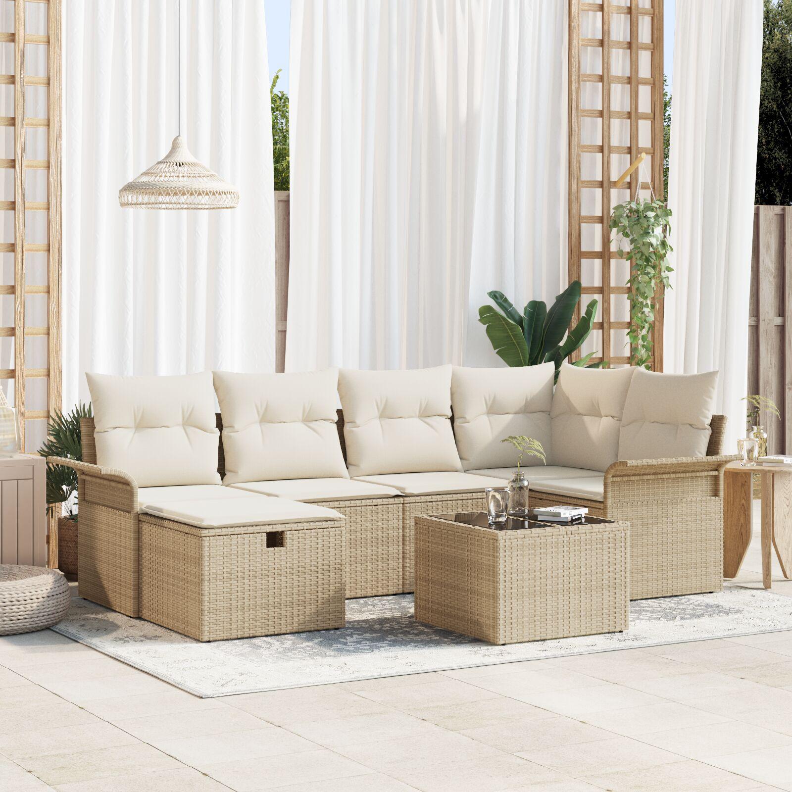 7 Stk Have Sofa Sæt med Puder Beige Poly Rattan,  2-personers Have Sofa med Opbevaring & Puder Beige Poly Rattan