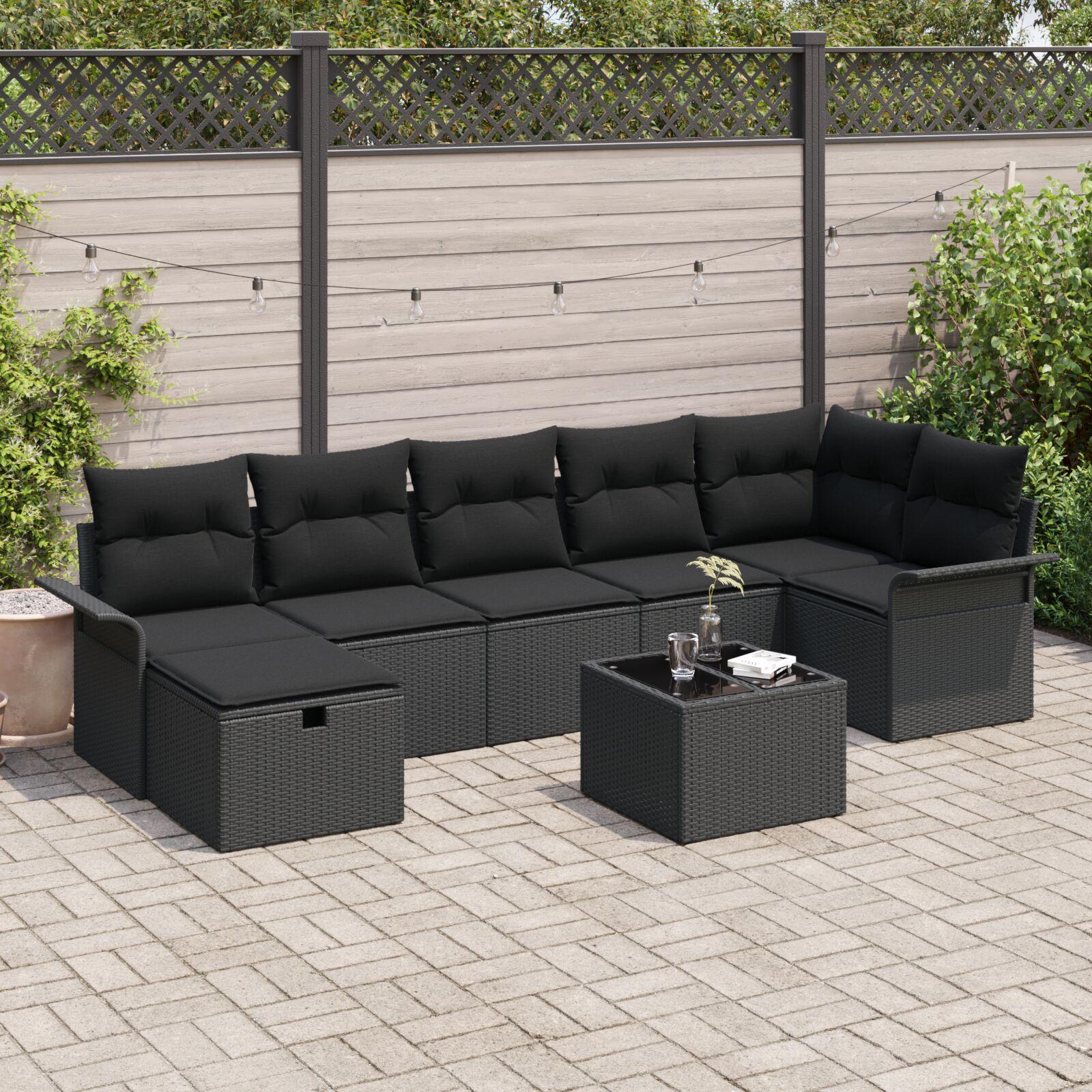 Havesofa Sæt med pude med opbevaring 8 stk Sort Poly rattan billede