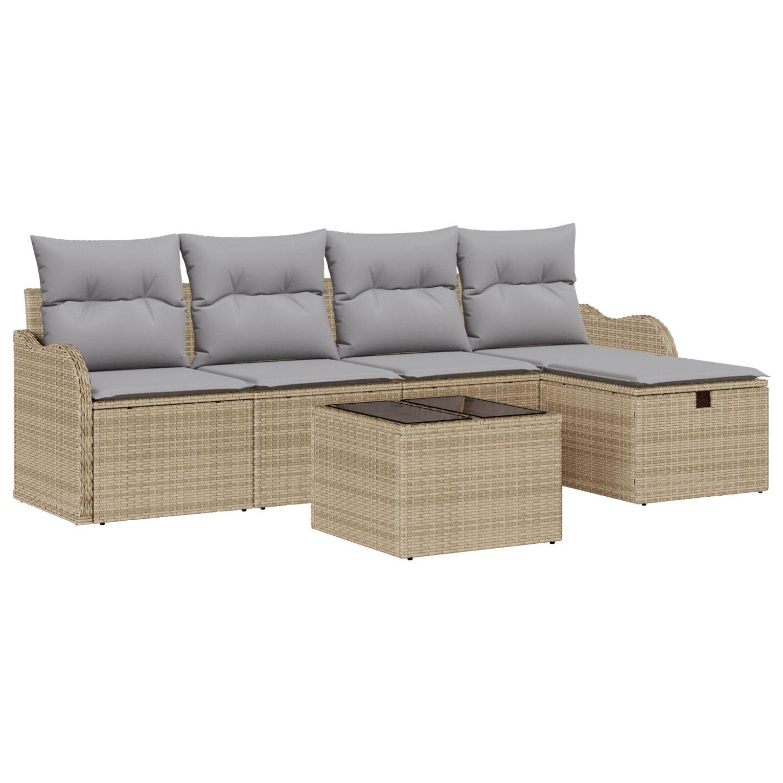 6-delte havesofa sæt med puder Beige Poly Rattan,  2-personers havesofa med opbevaring & puder Beige Poly Rattan