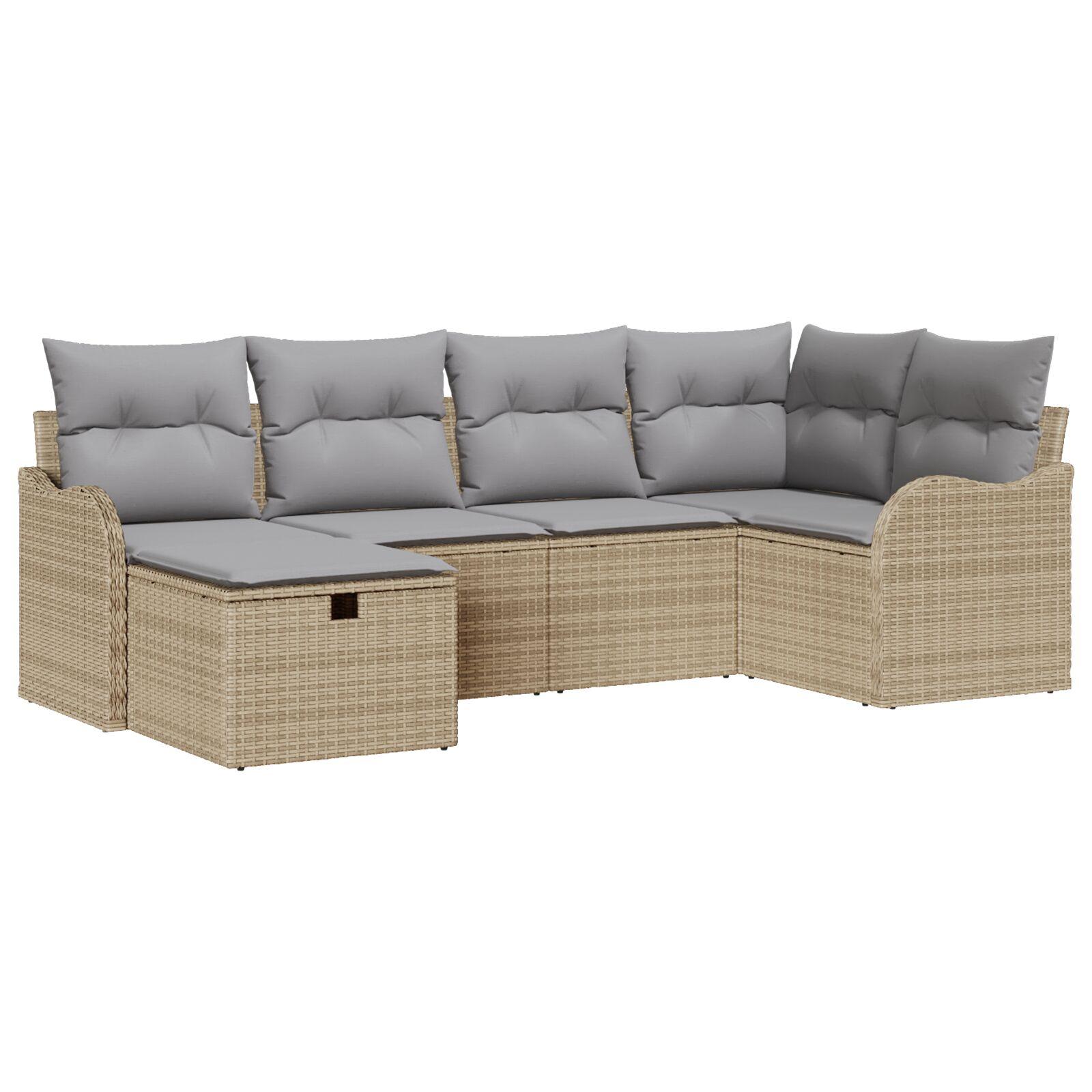 6 stk. have sofa sæt med puder beige poly rattan,  2-personers have sofa med opbevaring og puder beige poly rattan