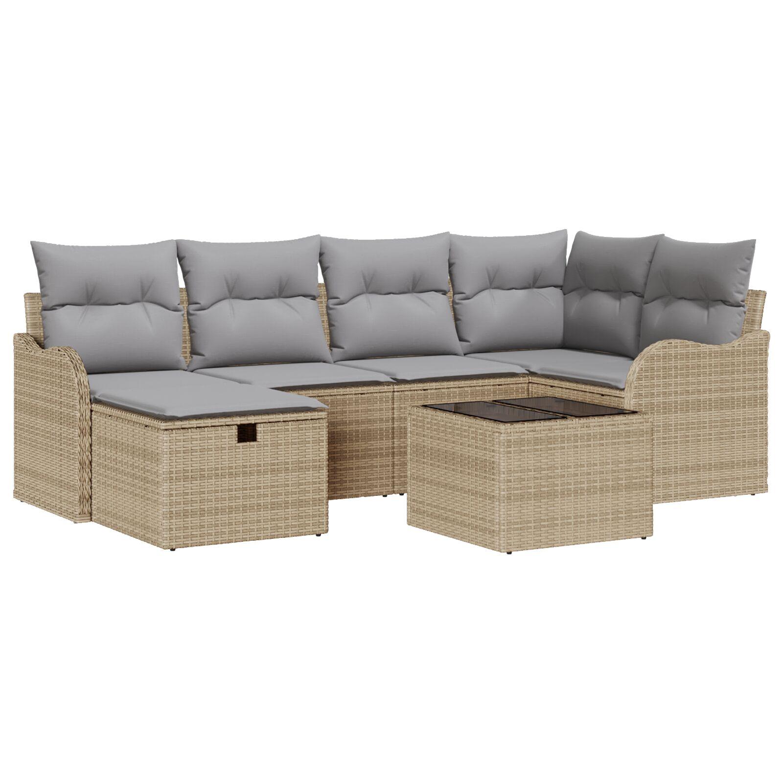 7-delt have sofa sæt med puder beige polyrattan,  2-personers have sofa med opbevaring og puder beige polyrattan