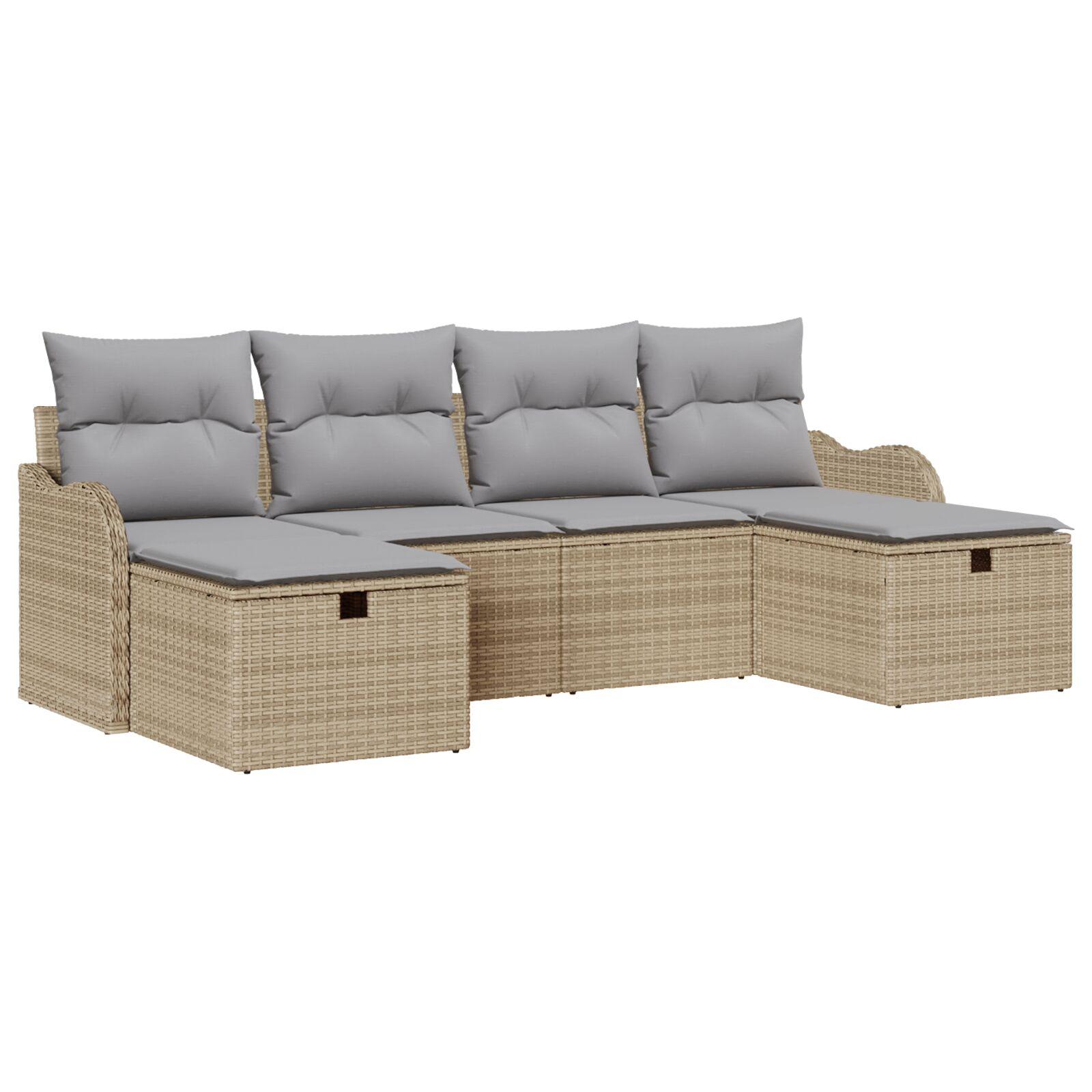 6 Stk Have Sofa Sæt Med Puder Beige Poly Rattan,  2-sæders Have Sofa Med Opbevaring & Puder Beige Poly Rattan