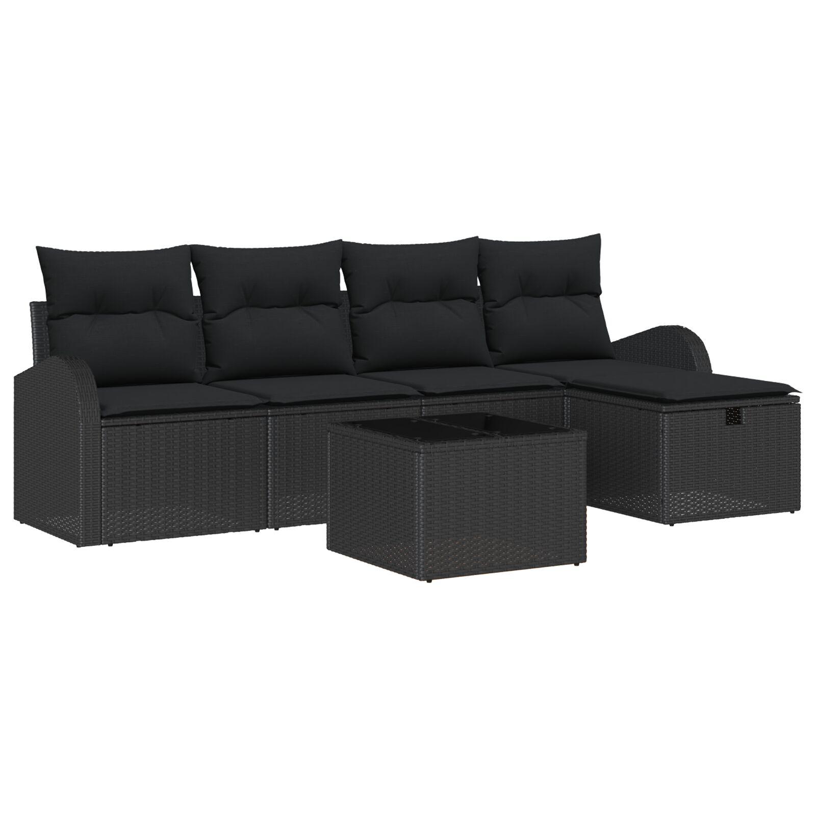 Havesofa sæt med opbevaring, 6 dele - sort poly rattan