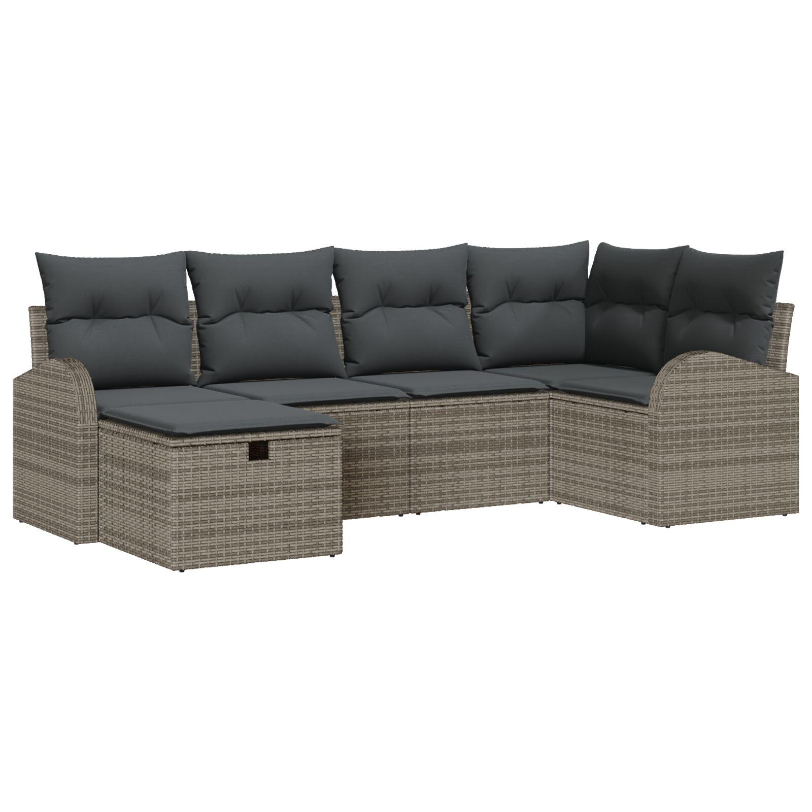 6 Stykke Have Sofa Sæt med Puder Grå Poly Rattan, 2-sæders Have Sofa med Opbevaring & Puder Grå Poly Rattan