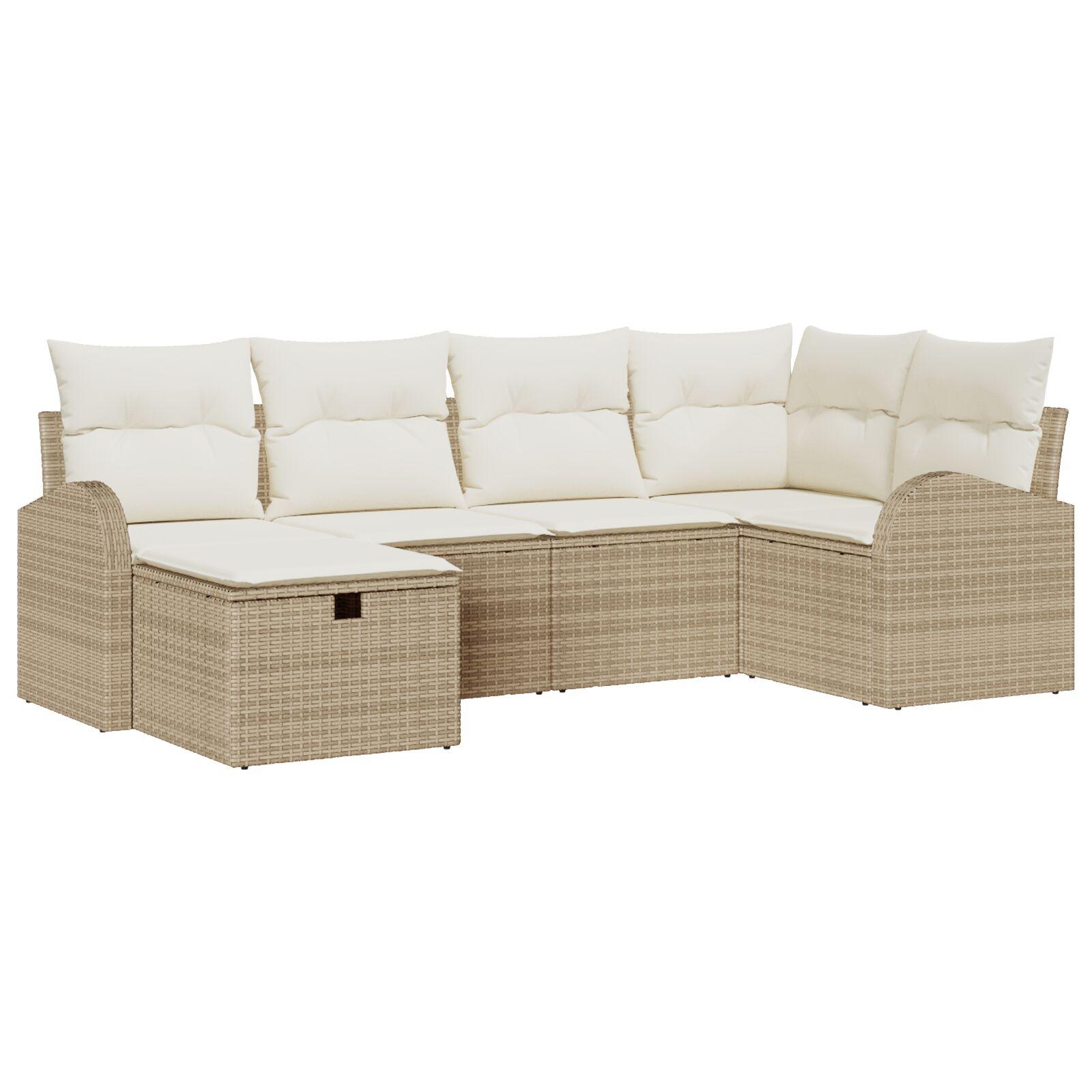6 Delers Have Sofa Sæt med Hynder Beige Poly Rattan,  2-personers Have Sofa med Opbevaring & Hynder Beige Poly Rattan
