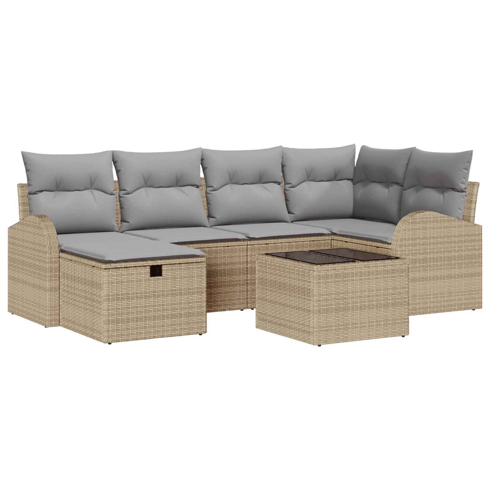7 Dels Have Sofa Sæt med Hynder Beige Poly Rattan,  2-personers Have Sofa med Opbevaring & Hynder Beige Poly Rattan