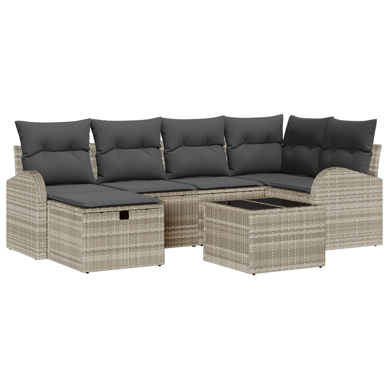 7 Stykker Have Sofa Sæt med Puder Lysegrå Poly Rattan, 2-sæders Have Sofa med Opbevaring & Puder Lysegrå Poly Rattan