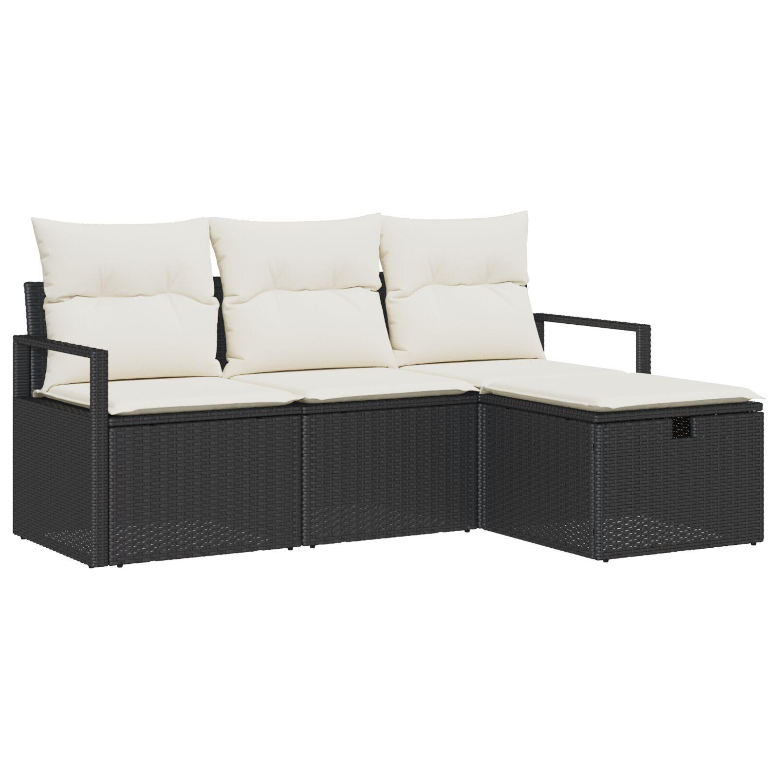 4 Deles Have Sofa Sæt med Puder Sort Poly Rattan,  2-personers Have Sofa med Opbevaring & Puder Sort Poly Rattan
