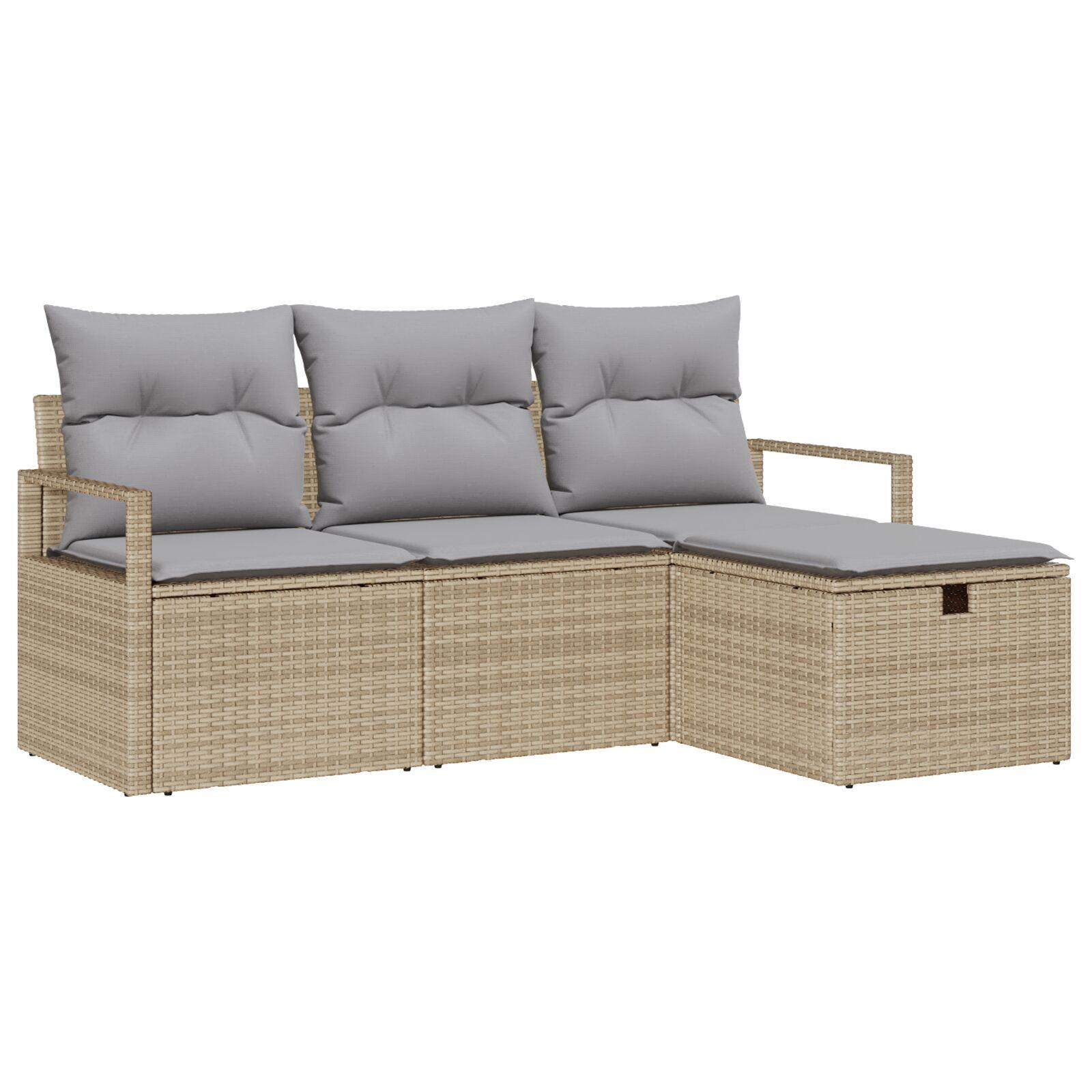 4 Stykke Have Sofa Sæt med Hynder Beige Poly Rattan,  2-Sæder Have Sofa med Opbevaring & Hynder Beige Poly Rattan