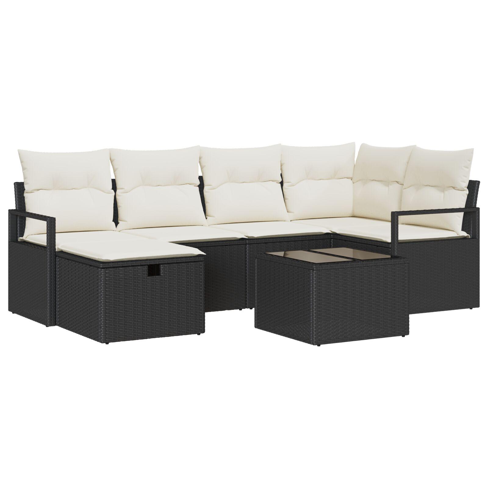 7 Stykke Have Sofa Set med Puder Sort Poly Rattan,  2-personers Have Sofa med Opbevaring & Puder Sort Poly Rattan