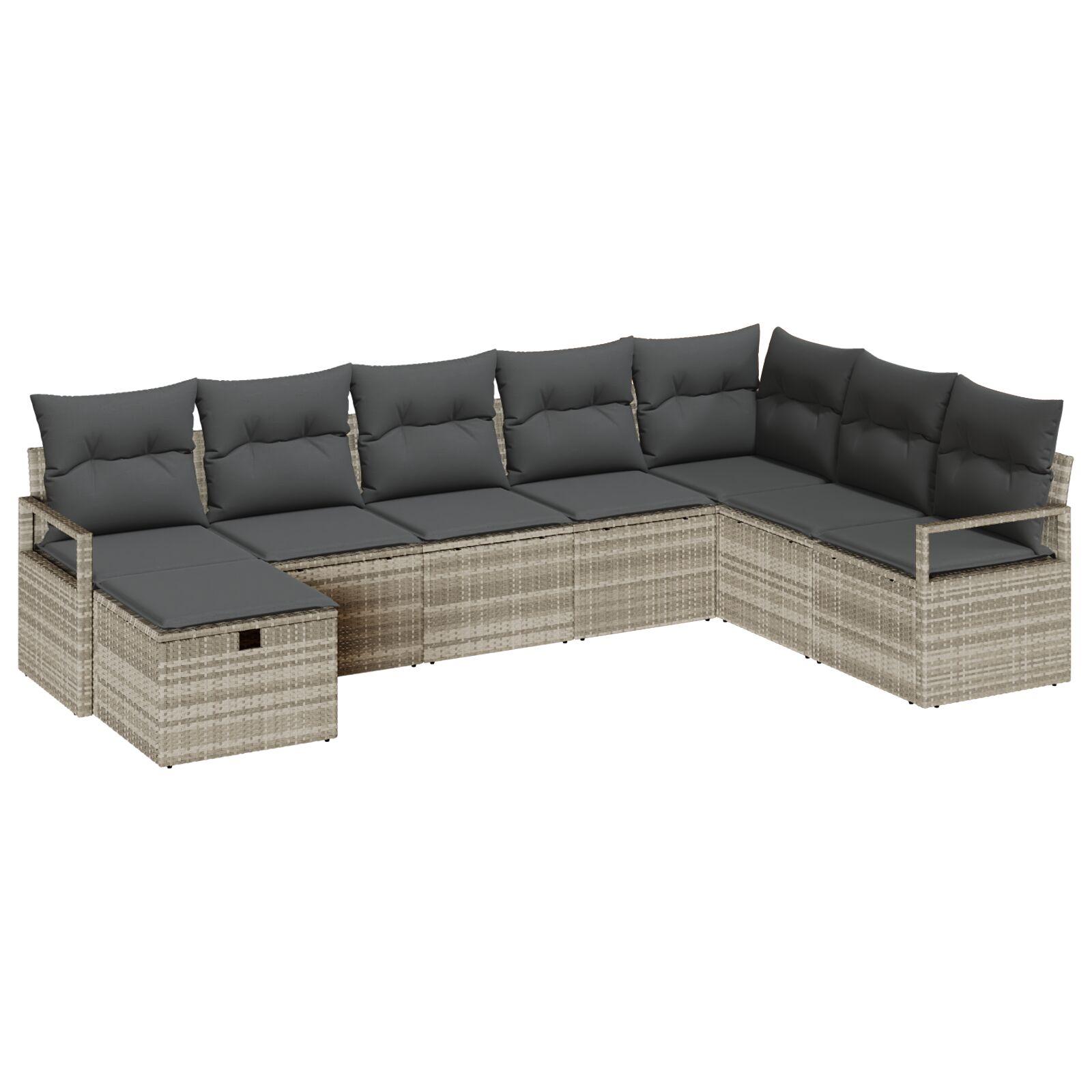 8 Stykker Have Sofa Sæt med Puder Lysegrå Poly Rattan, 2-personers Have Sofa med Opbevaring & Puder Grå Poly Rattan