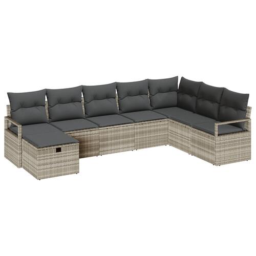 8 Stykker Have Sofa Sæt med Puder Lysegrå Poly Rattan, 2-personers Have Sofa med Opbevaring & Puder Grå Poly Rattan