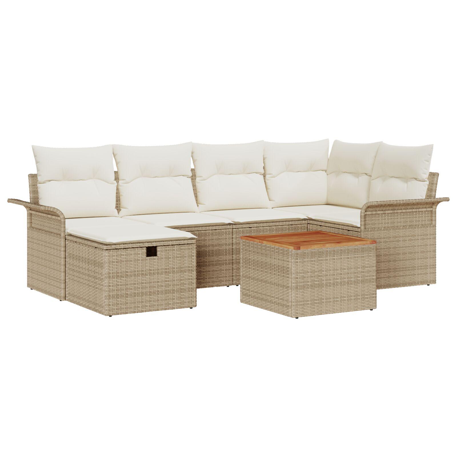 7 Personers Have Sofa Sæt med Puder Beige Poly Rattan,  2-personers Have Sofa med Opbevaring & Puder Beige Poly Rattan