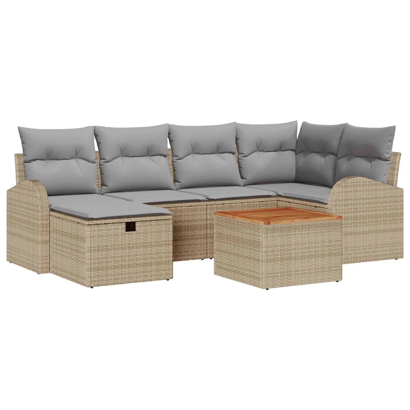 7 Deles Have Sofa Sæt med Puder Beige Poly Rattan,  2-personers Have Sofa med Opbevaring & Puder Beige Poly Rattan